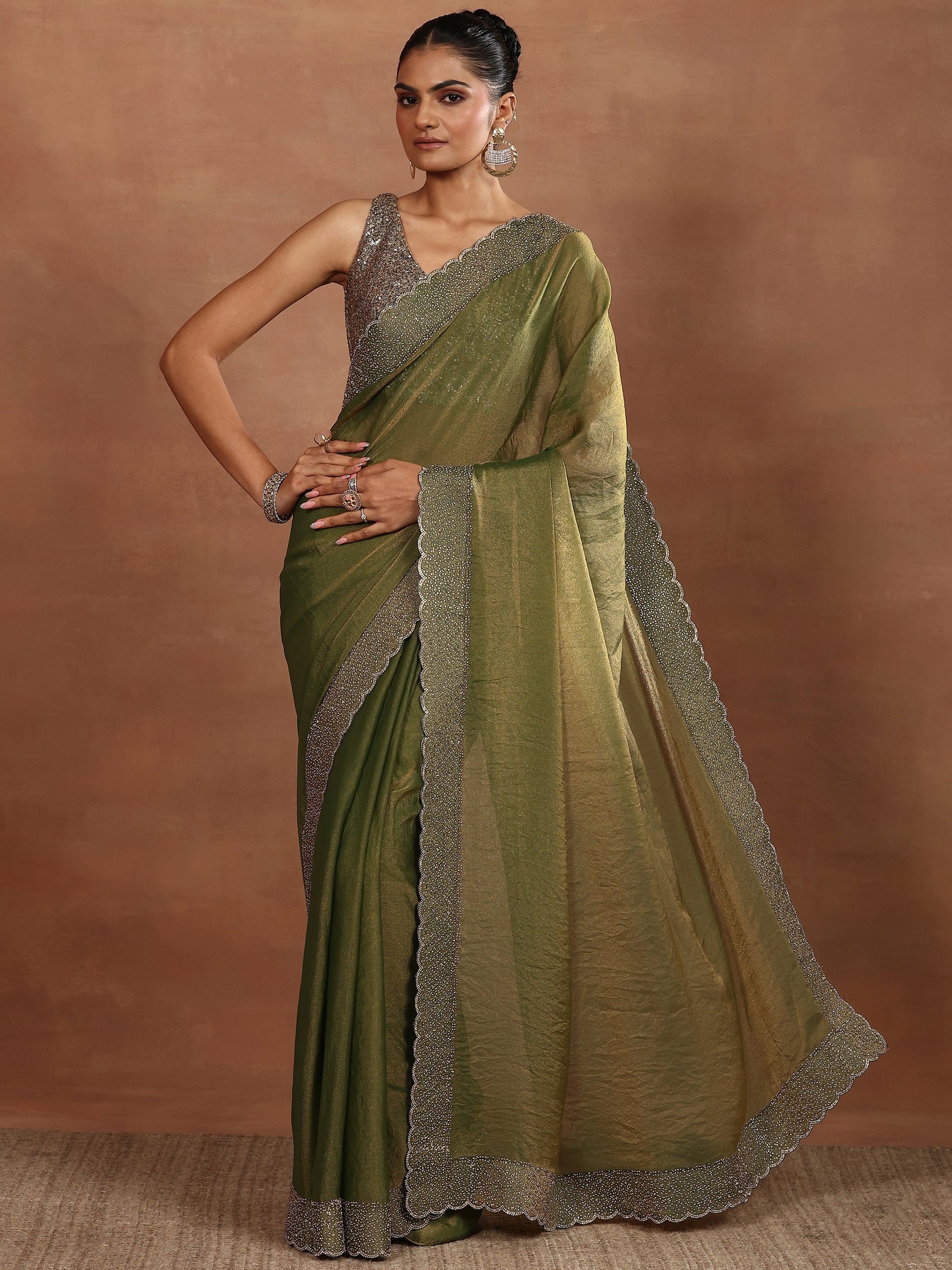 Green Embellished Organza Sarees With Unstitched Blouse Piece
