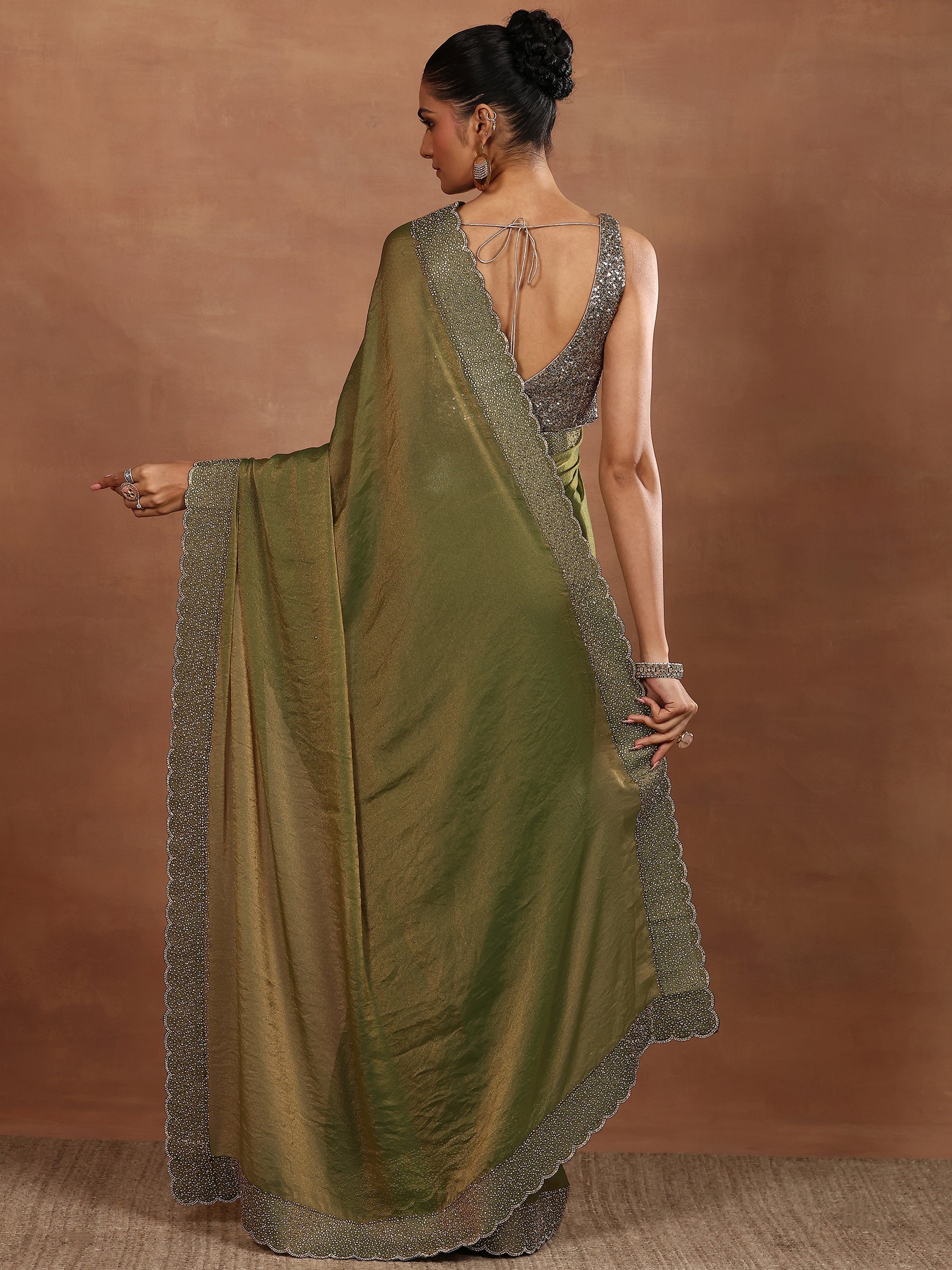 Green Embellished Organza Sarees With Unstitched Blouse Piece