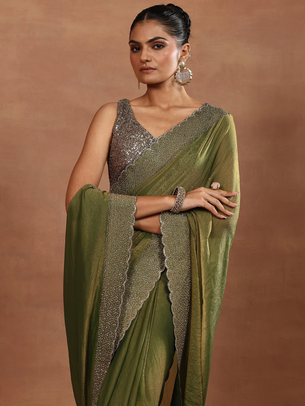 Green Embellished Organza Sarees With Unstitched Blouse Piece