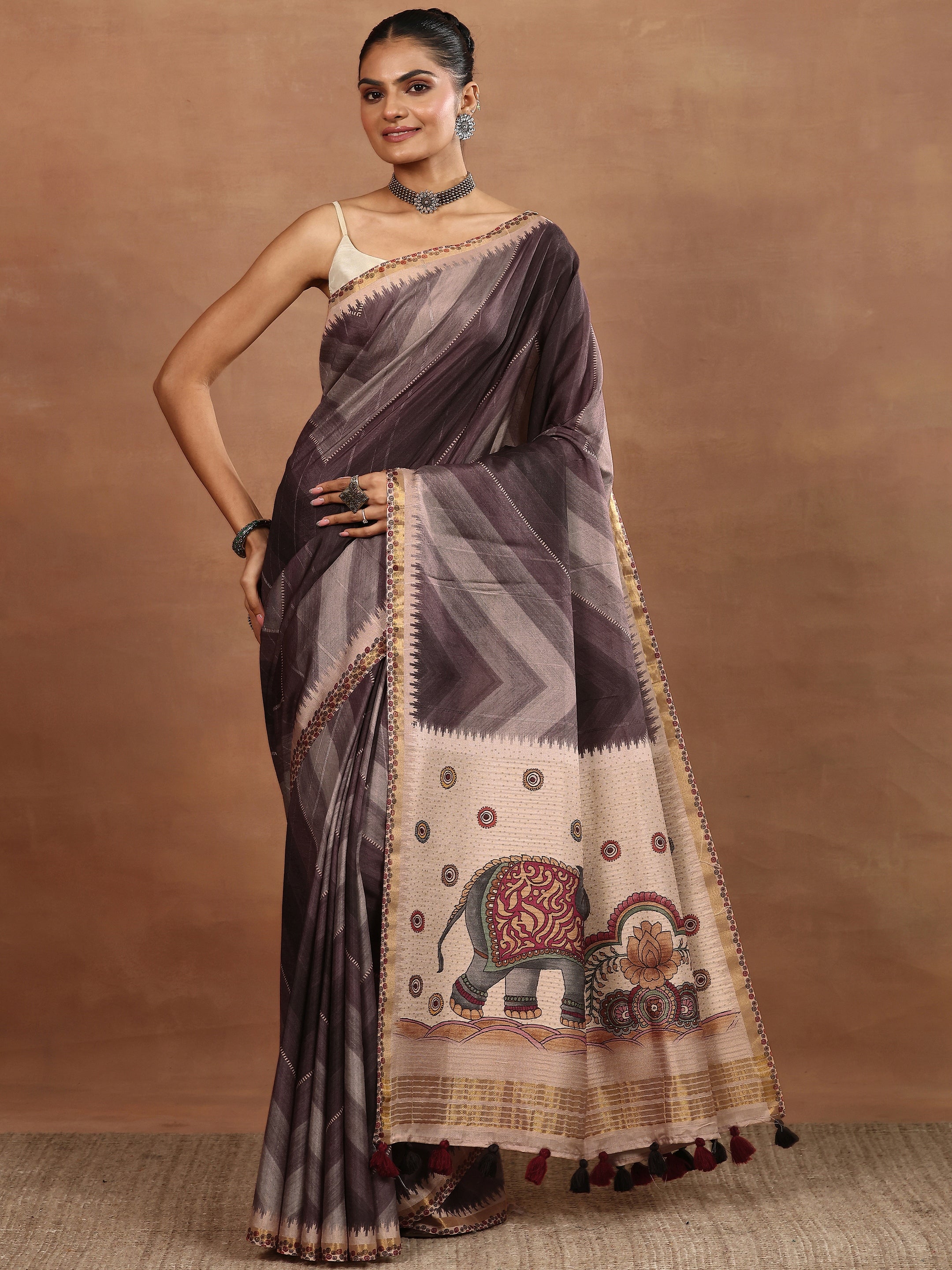 Brown Printed Silk Blend Sarees With Unstitched Blouse Piece