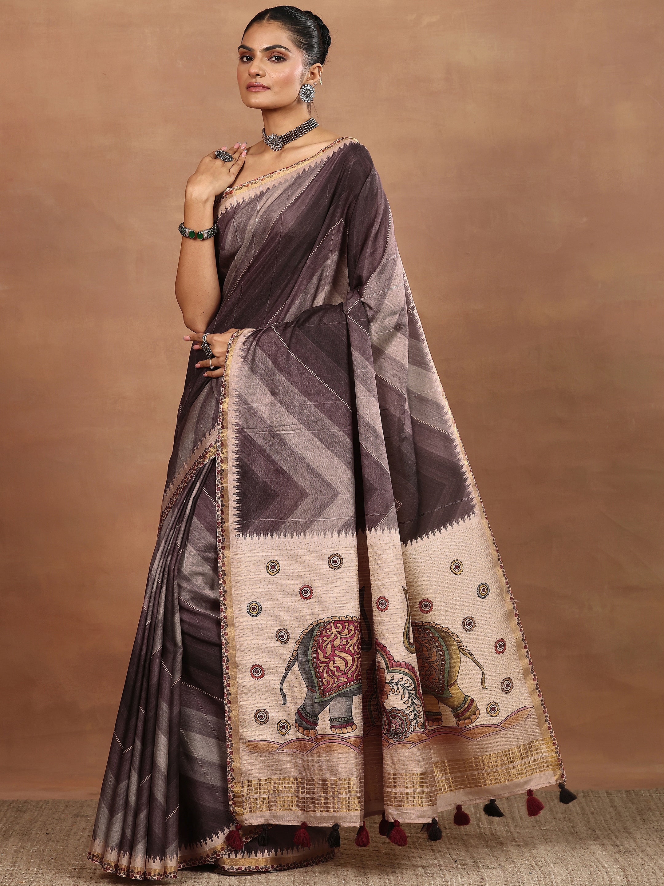 Brown Printed Silk Blend Sarees With Unstitched Blouse Piece