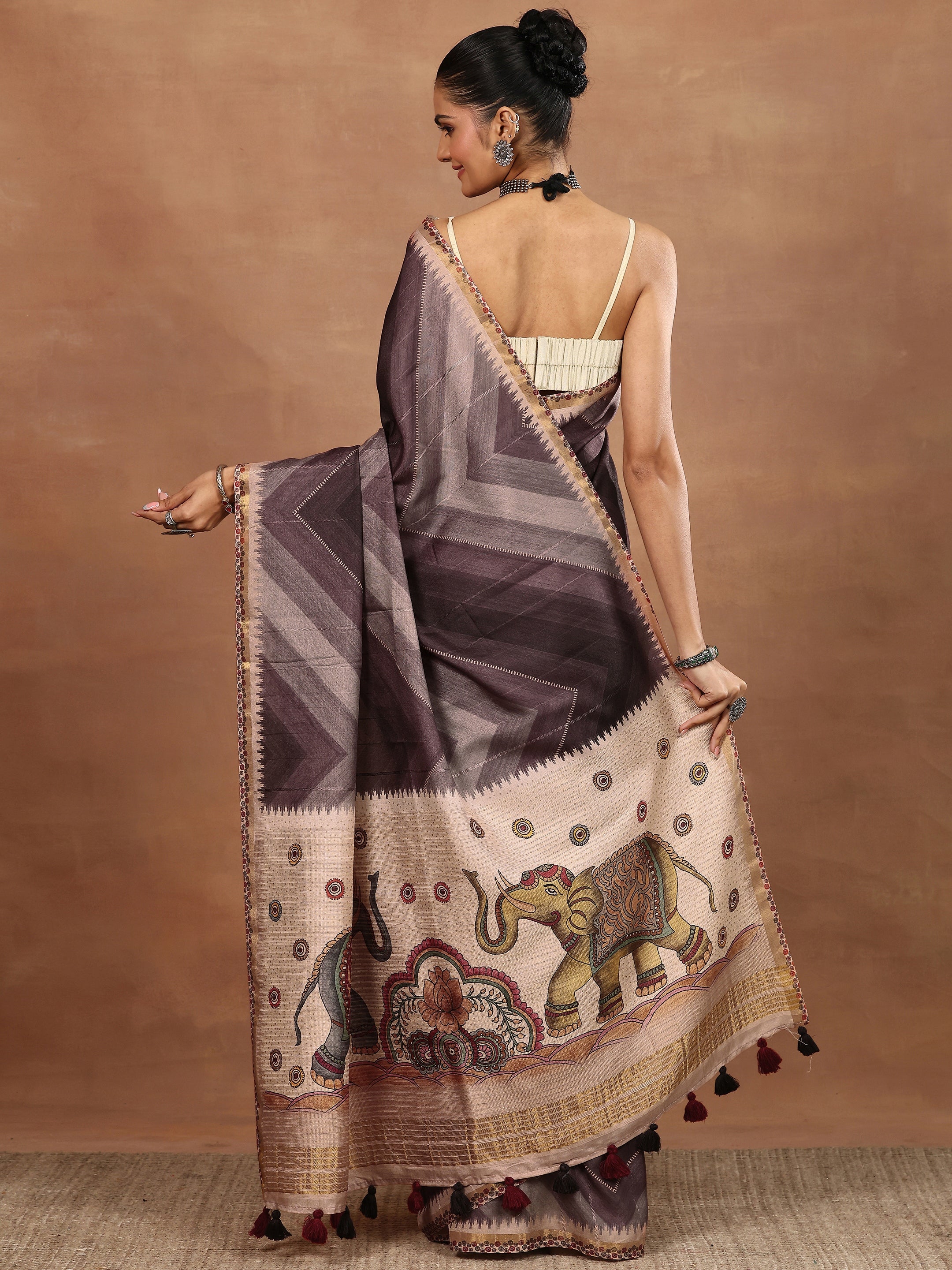 Brown Printed Silk Blend Sarees With Unstitched Blouse Piece