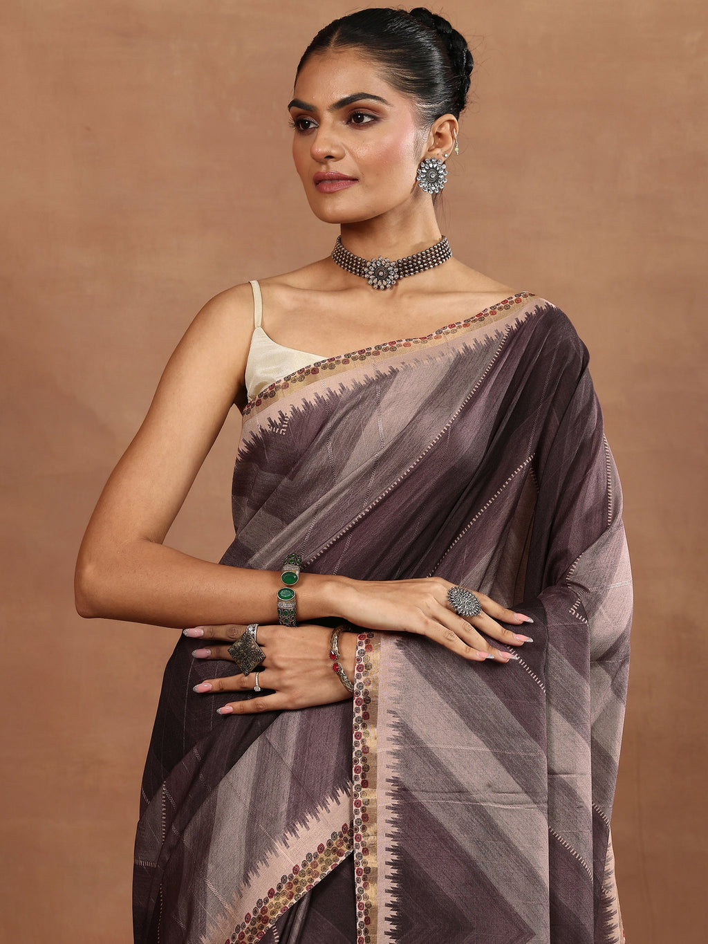 Brown Printed Silk Blend Sarees With Unstitched Blouse Piece