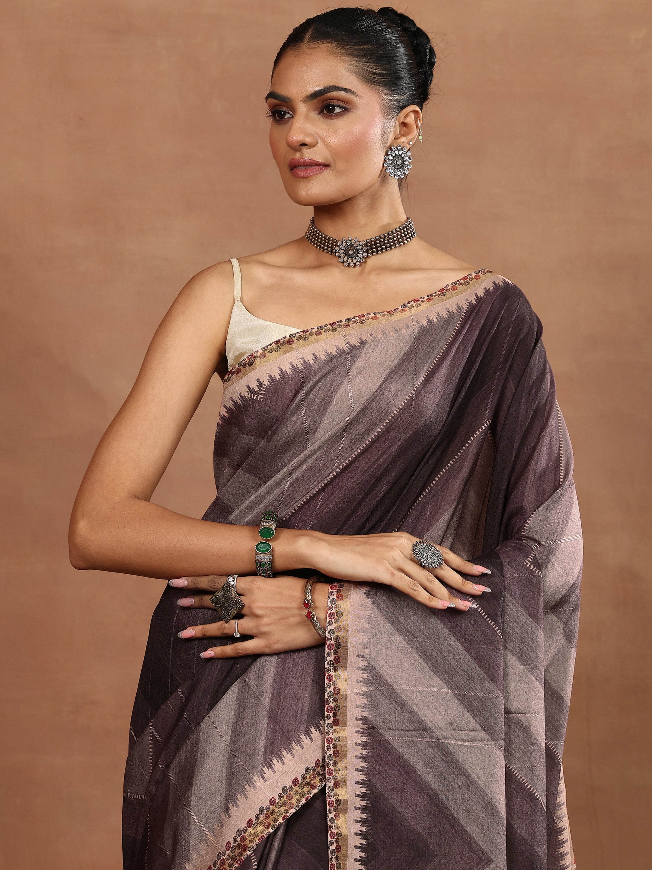 Brown Printed Silk Blend Sarees With Unstitched Blouse Piece