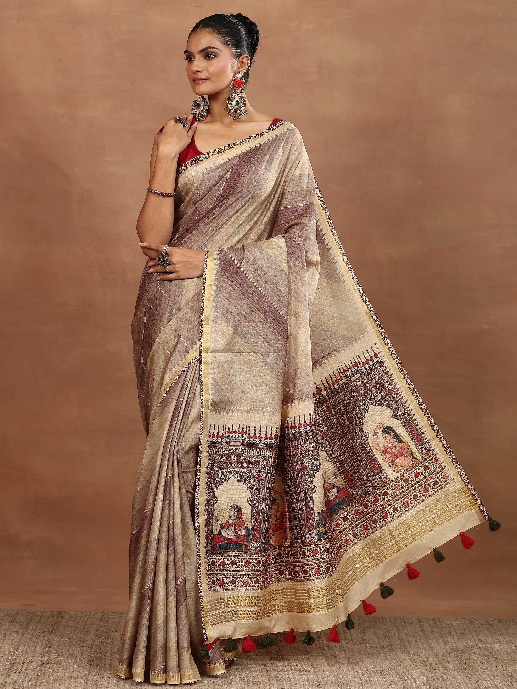 Beige Printed Silk Blend Sarees With Unstitched Blouse Piece