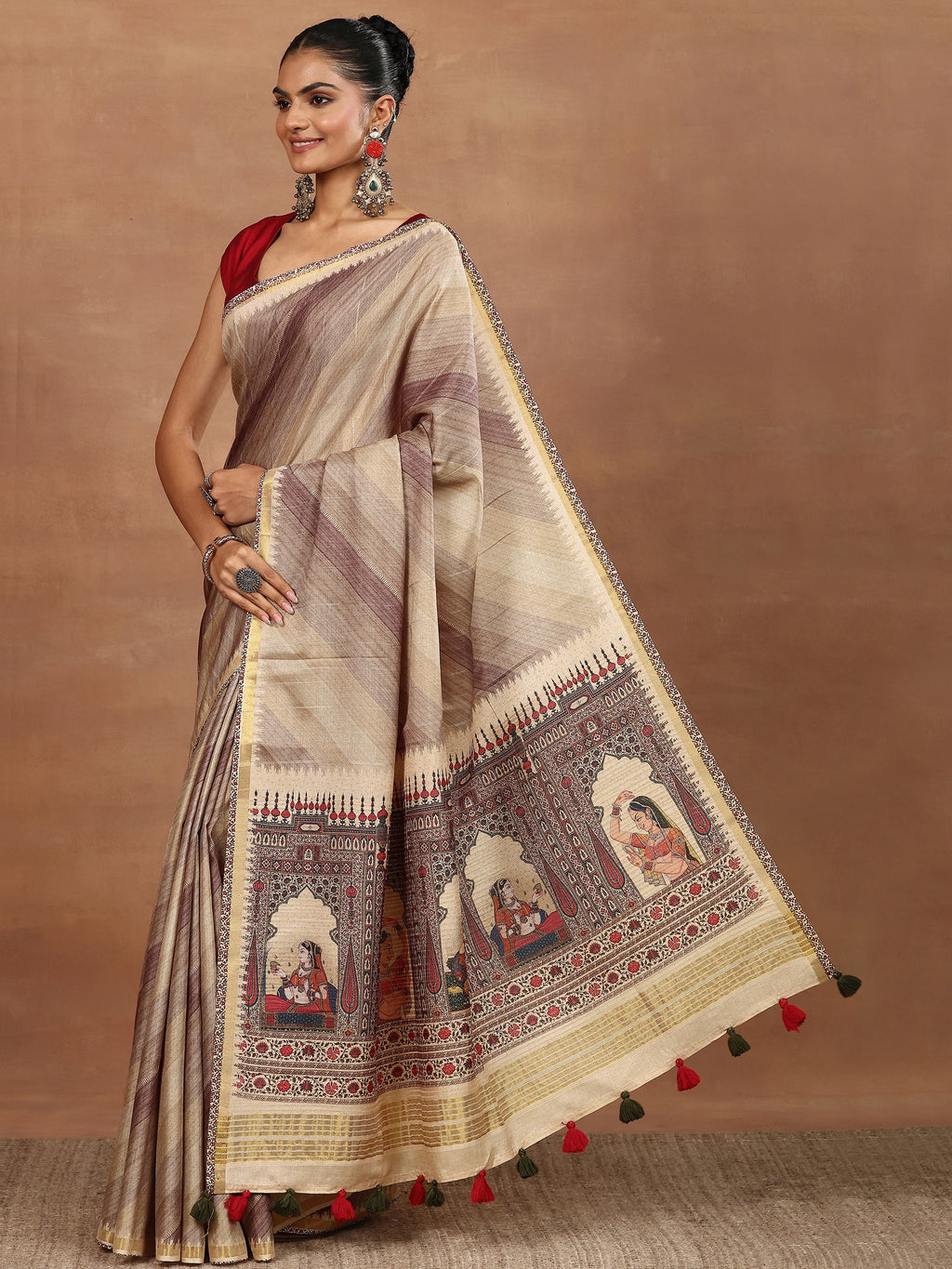 Beige Printed Silk Blend Sarees With Unstitched Blouse Piece