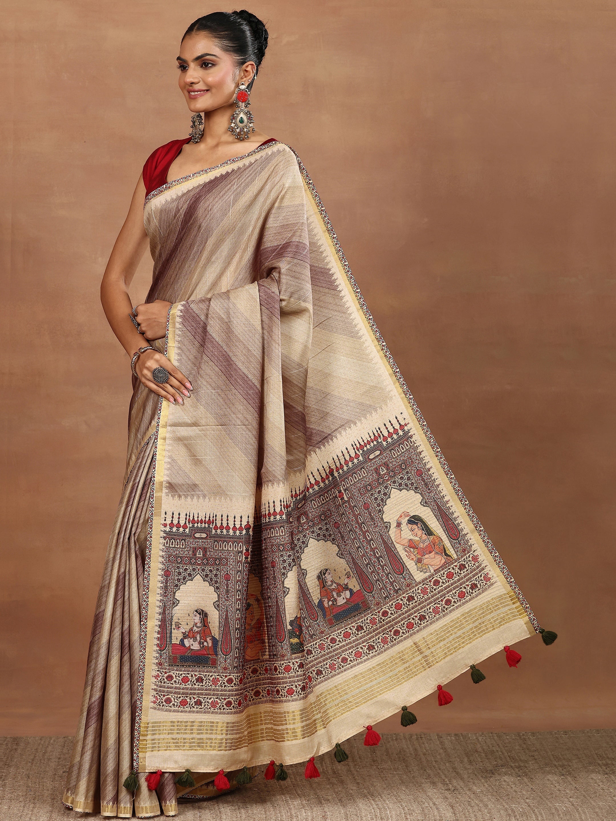 Beige Printed Silk Blend Sarees With Unstitched Blouse Piece