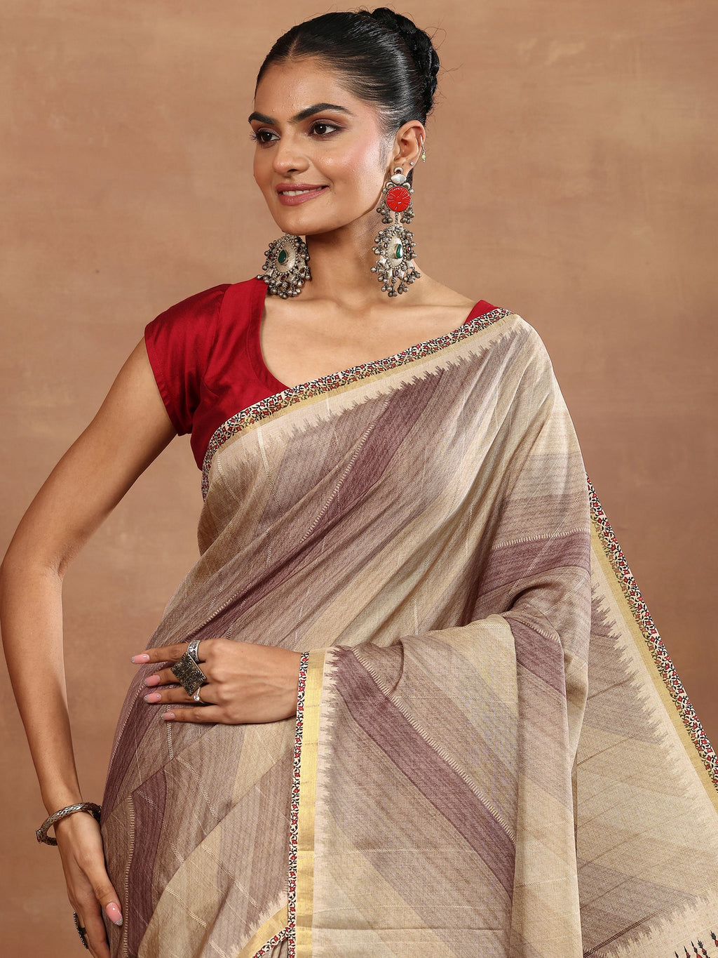 Beige Printed Silk Blend Sarees With Unstitched Blouse Piece
