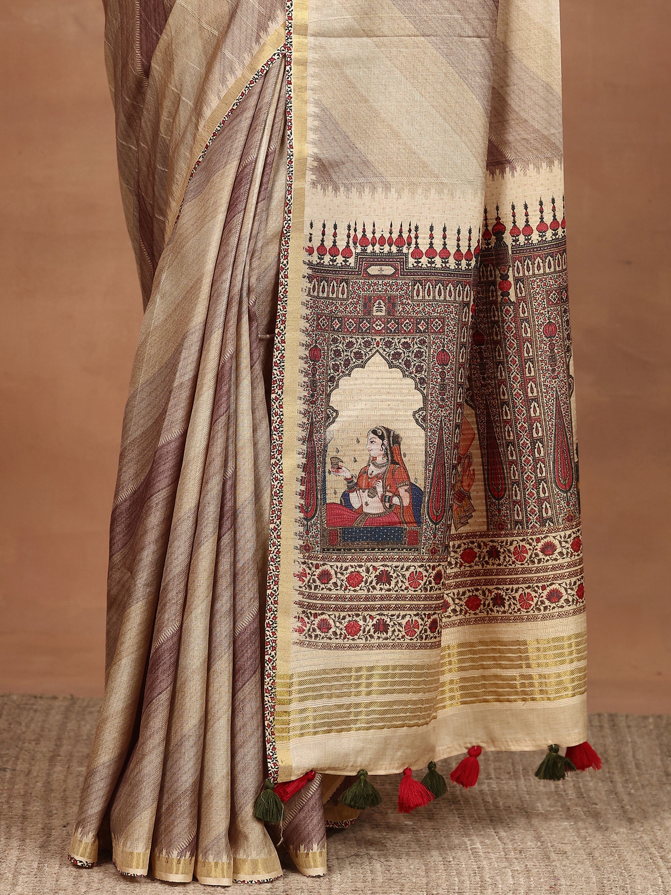Beige Printed Silk Blend Sarees With Unstitched Blouse Piece