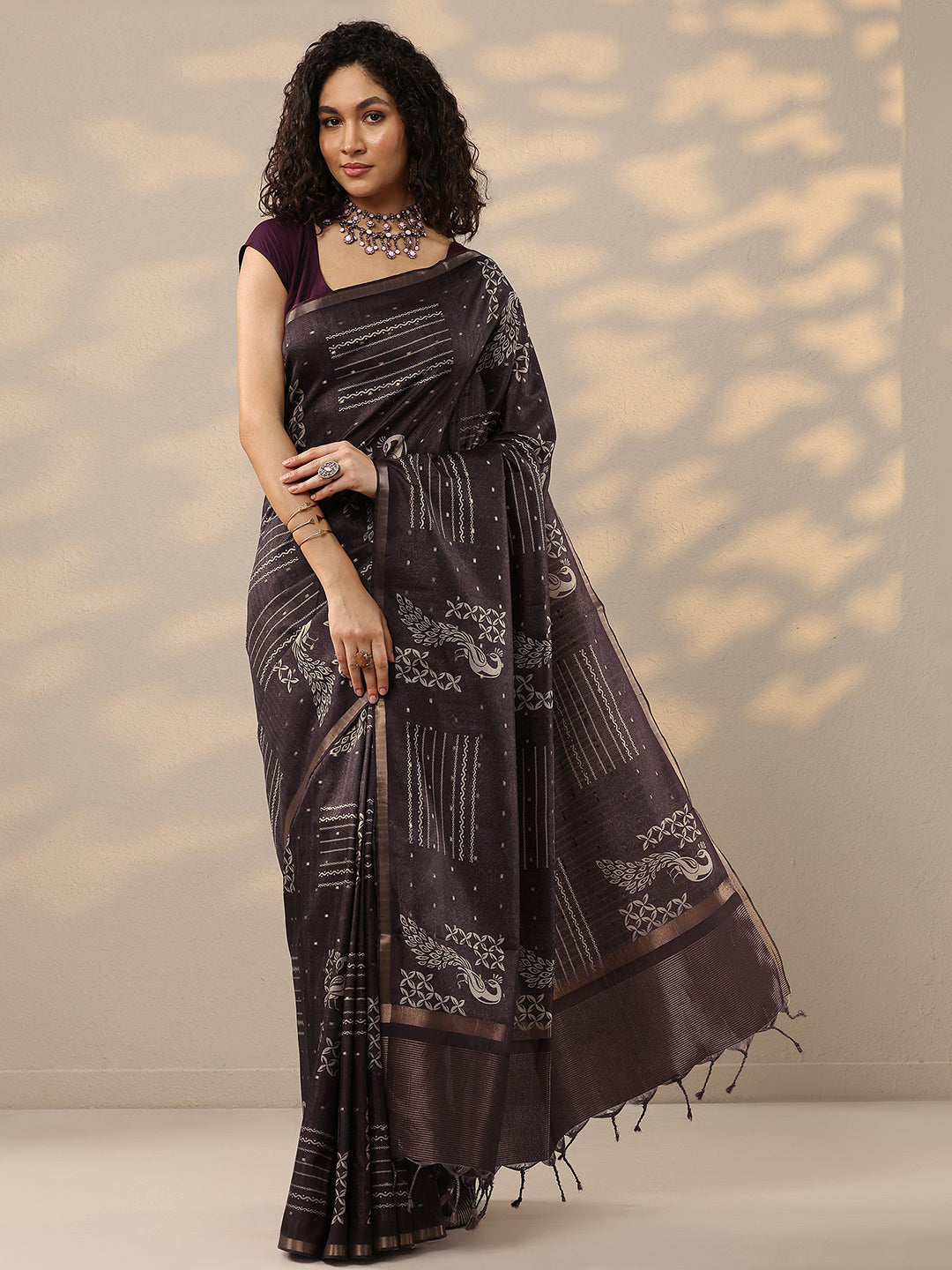 Burgundy Printed Silk Blend Sarees With Unstitched Blouse Piece