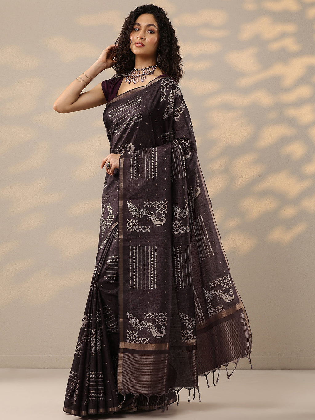 Burgundy Printed Silk Blend Sarees With Unstitched Blouse Piece