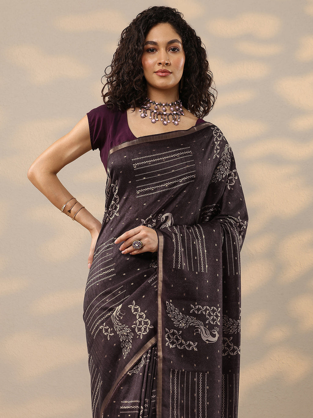 Burgundy Printed Silk Blend Sarees With Unstitched Blouse Piece