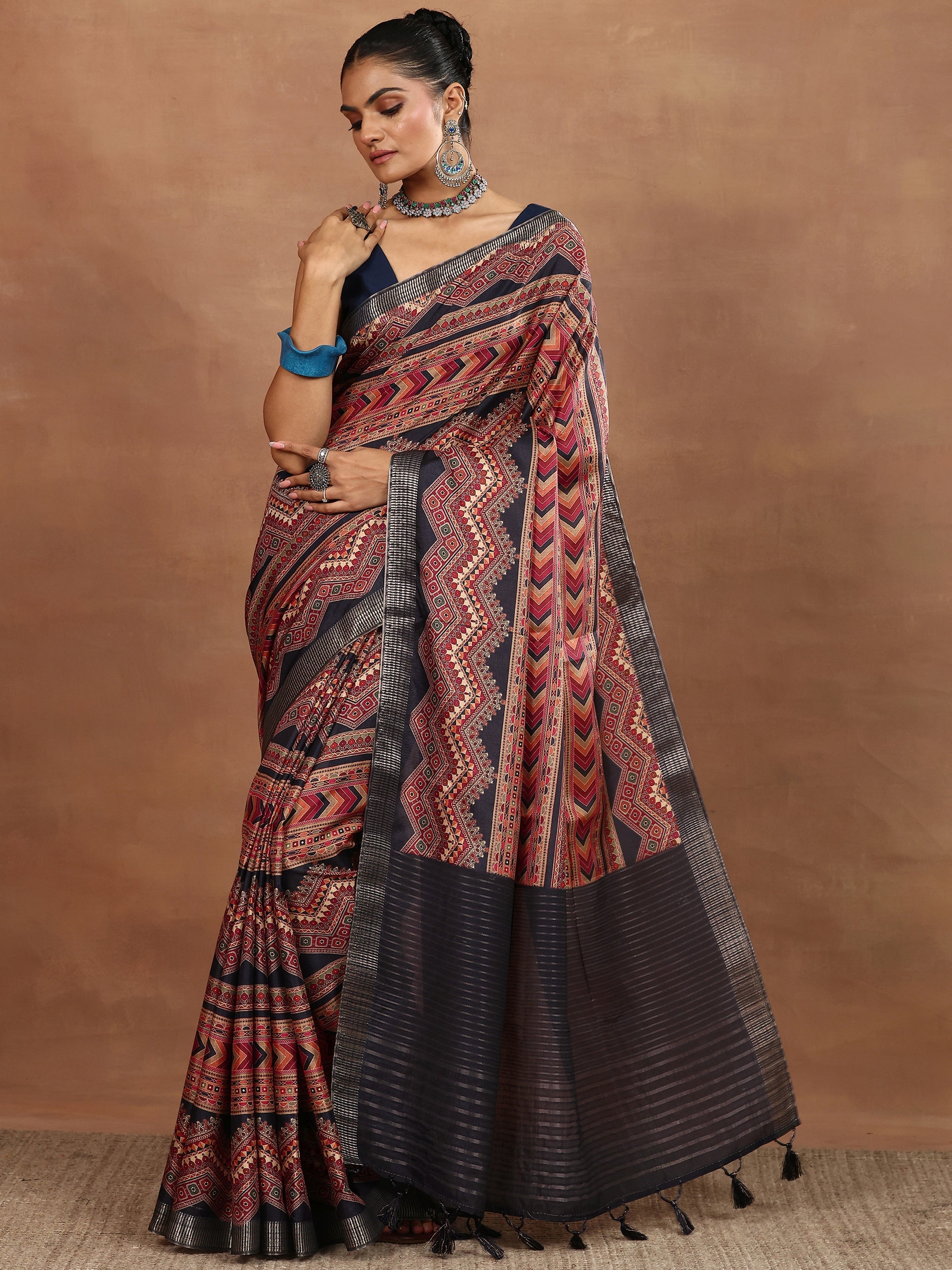 Black Printed Silk Blend Sarees With Unstitched Blouse Piece