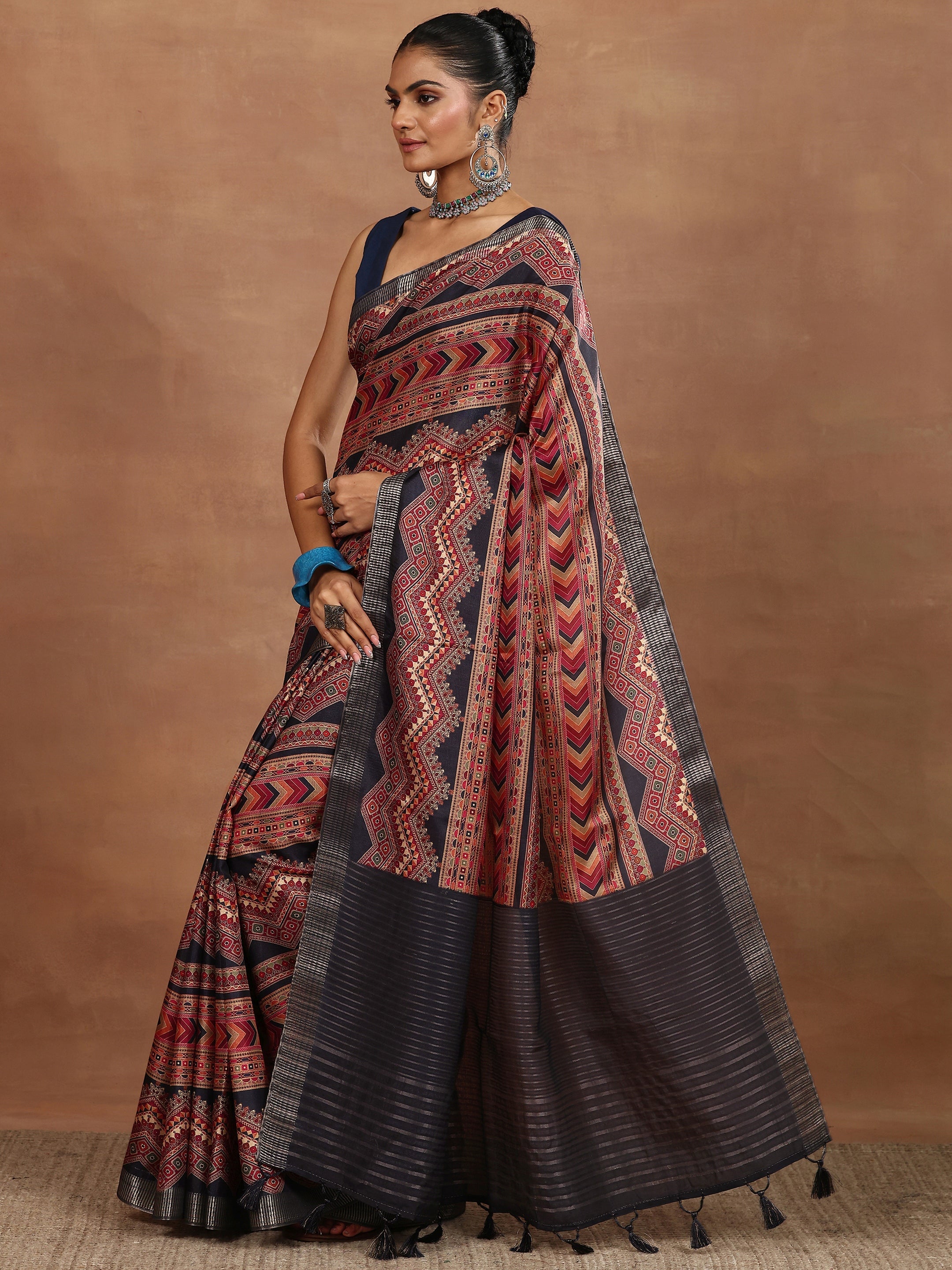 Black Printed Silk Blend Sarees With Unstitched Blouse Piece