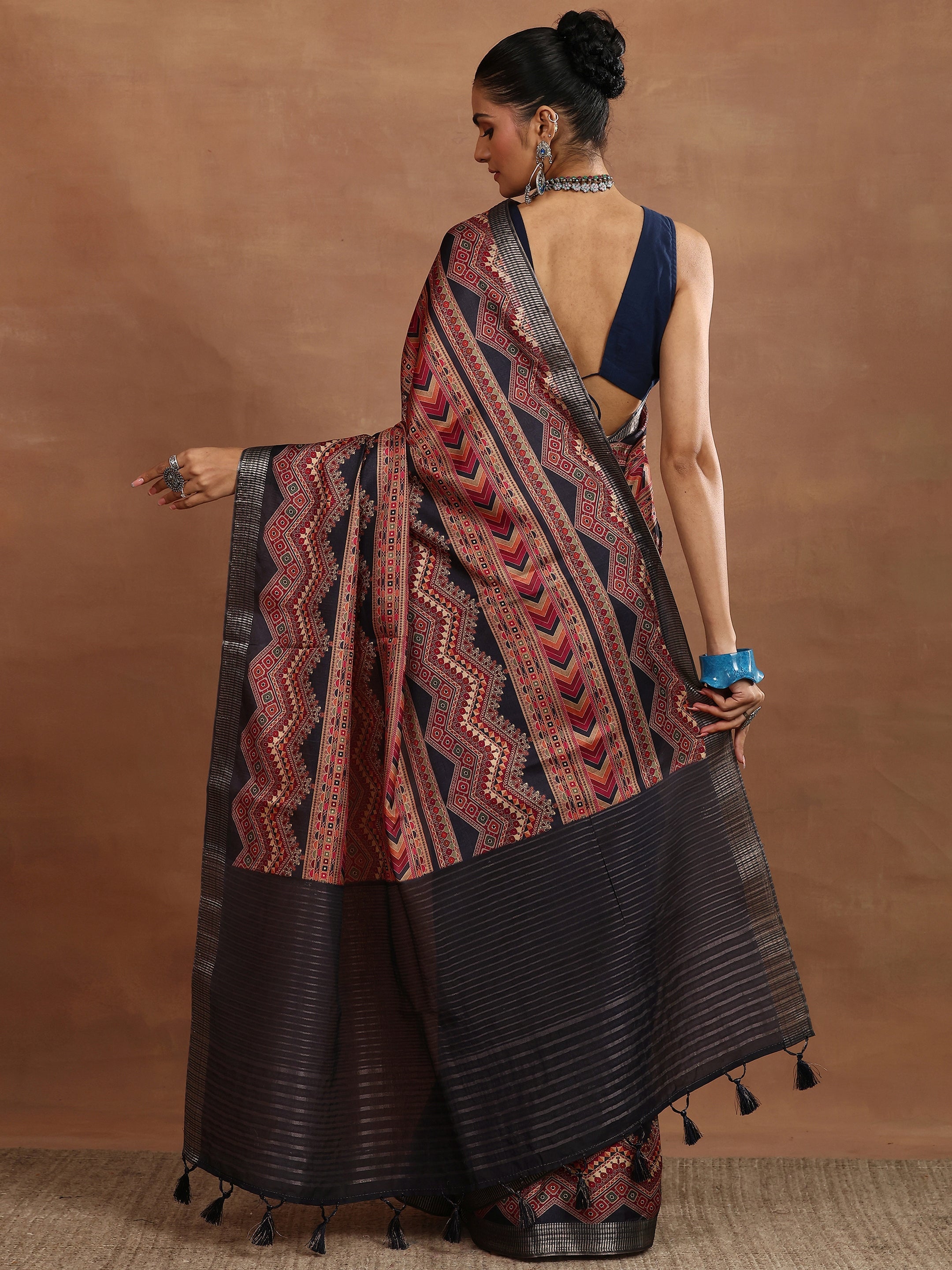 Black Printed Silk Blend Sarees With Unstitched Blouse Piece