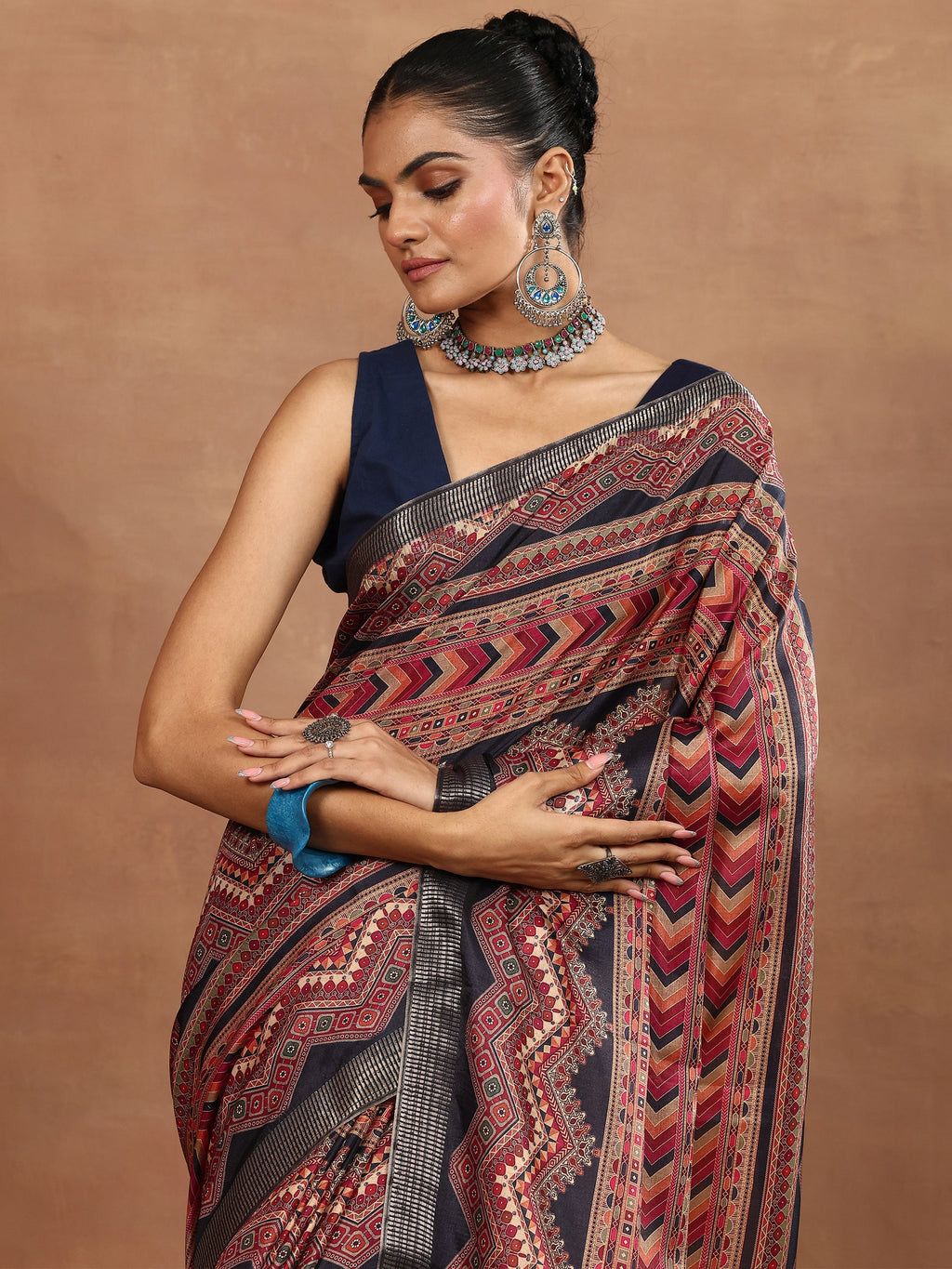 Black Printed Silk Blend Sarees With Unstitched Blouse Piece