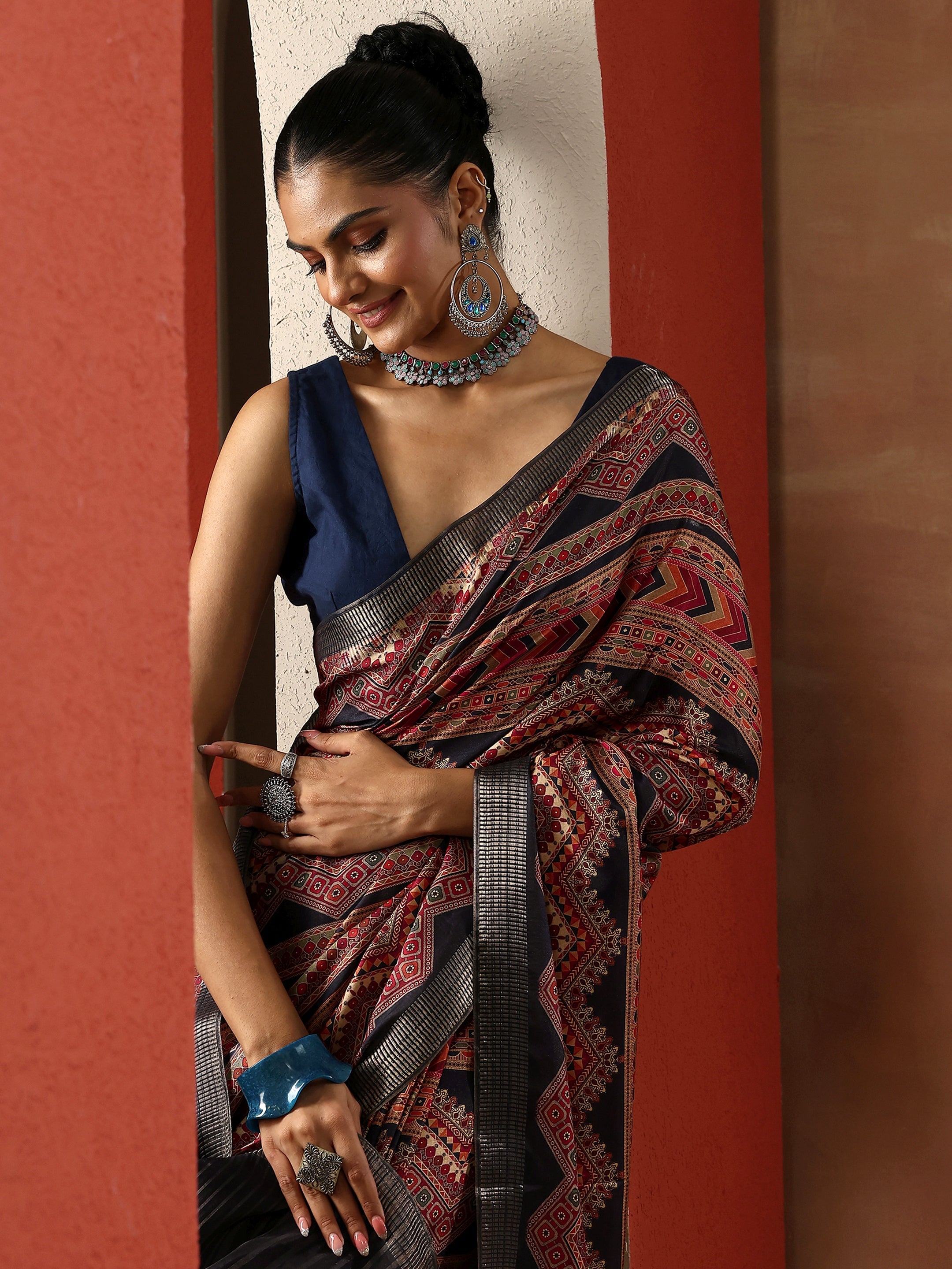 Black Printed Silk Blend Sarees With Unstitched Blouse Piece