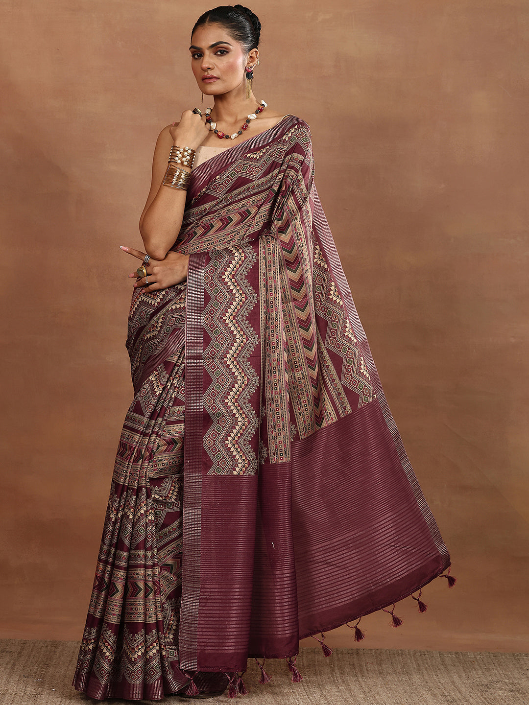 Maroon Printed Silk Blend Sarees With Unstitched Blouse Piece