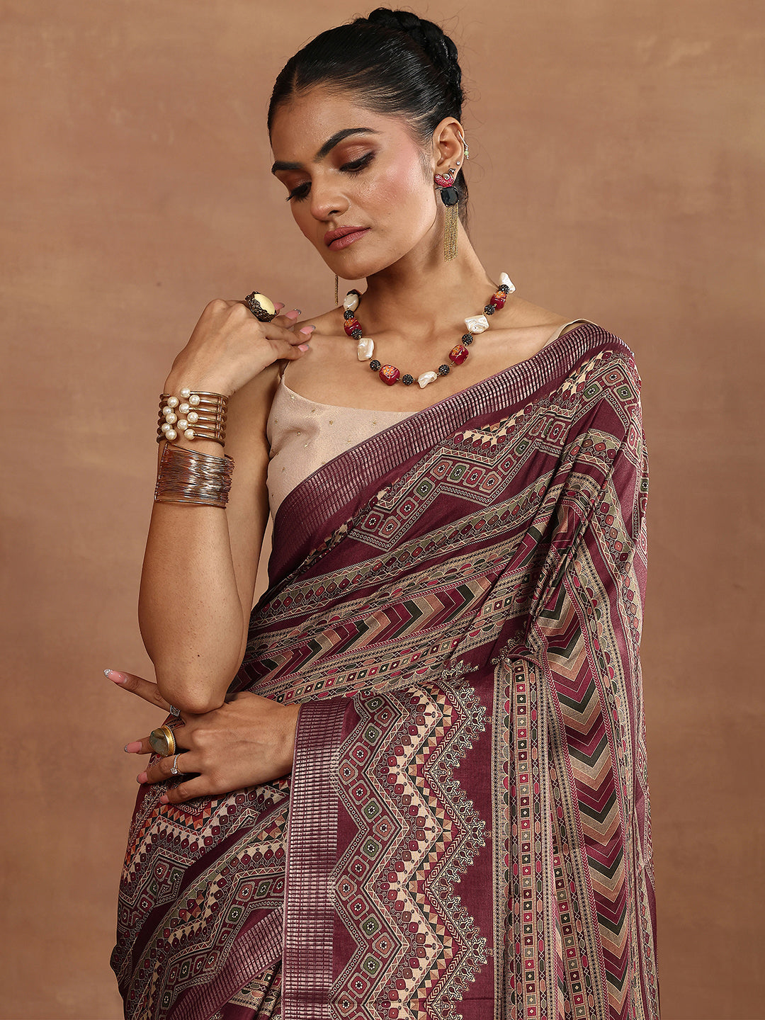 Maroon Printed Silk Blend Sarees With Unstitched Blouse Piece