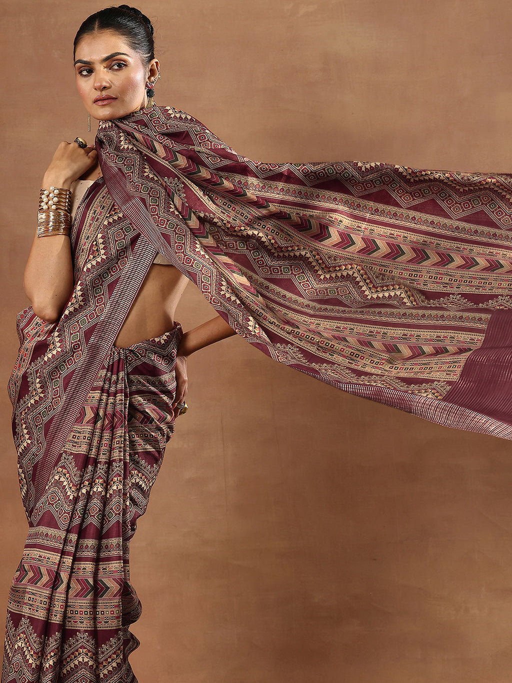 Maroon Printed Silk Blend Sarees With Unstitched Blouse Piece