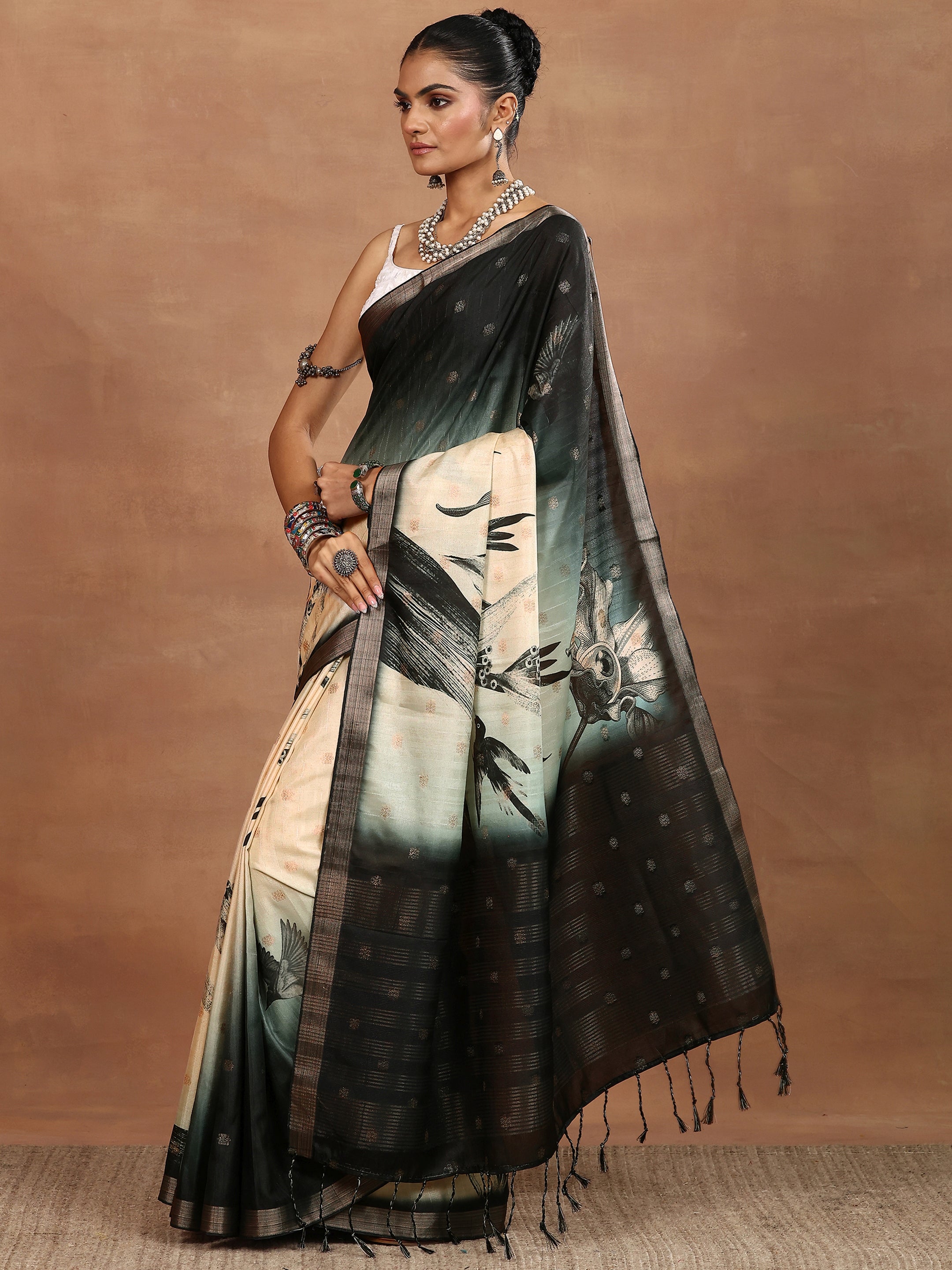 Beige Printed Silk Blend Sarees With Unstitched Blouse Piece