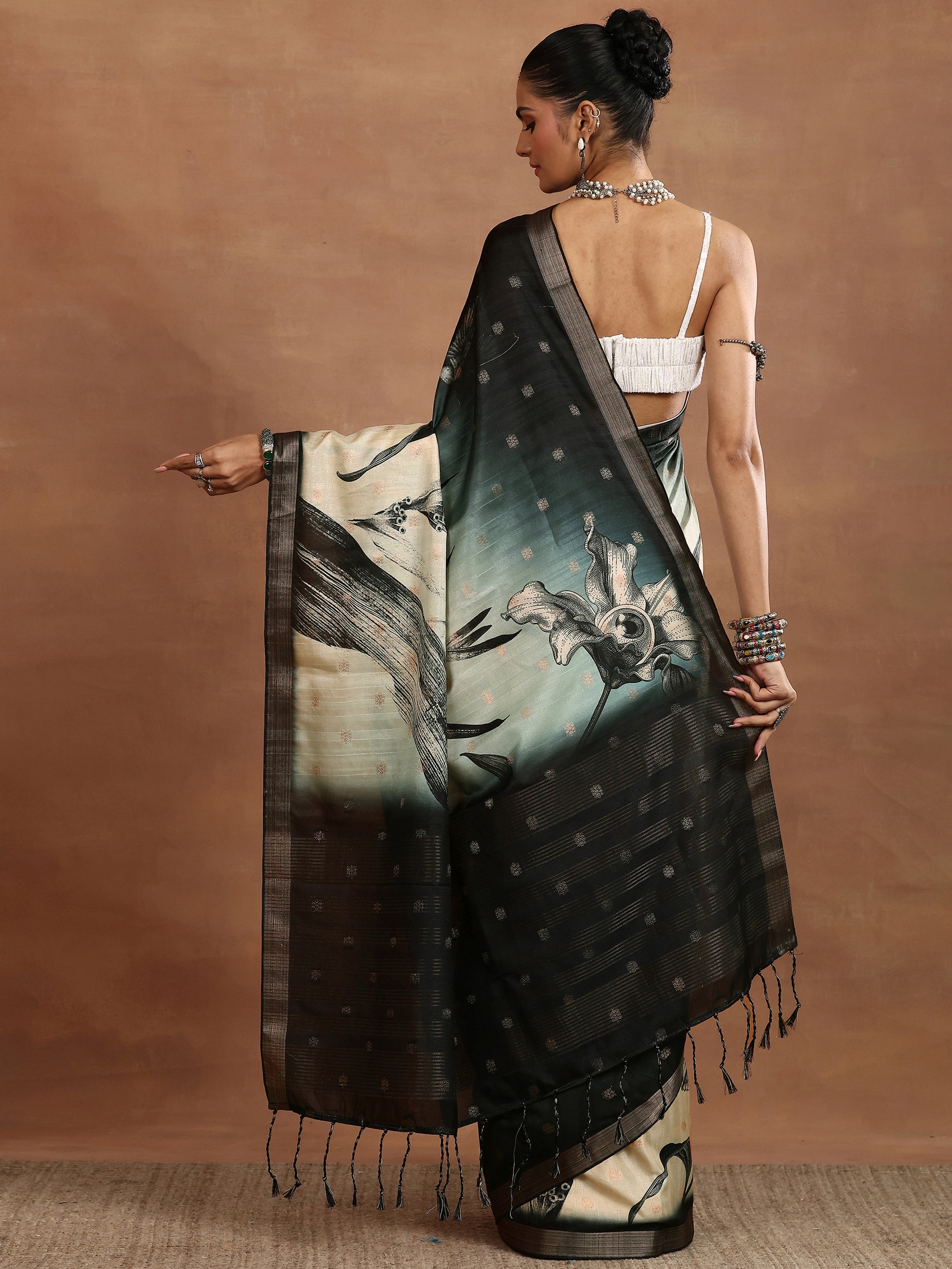 Beige Printed Silk Blend Sarees With Unstitched Blouse Piece