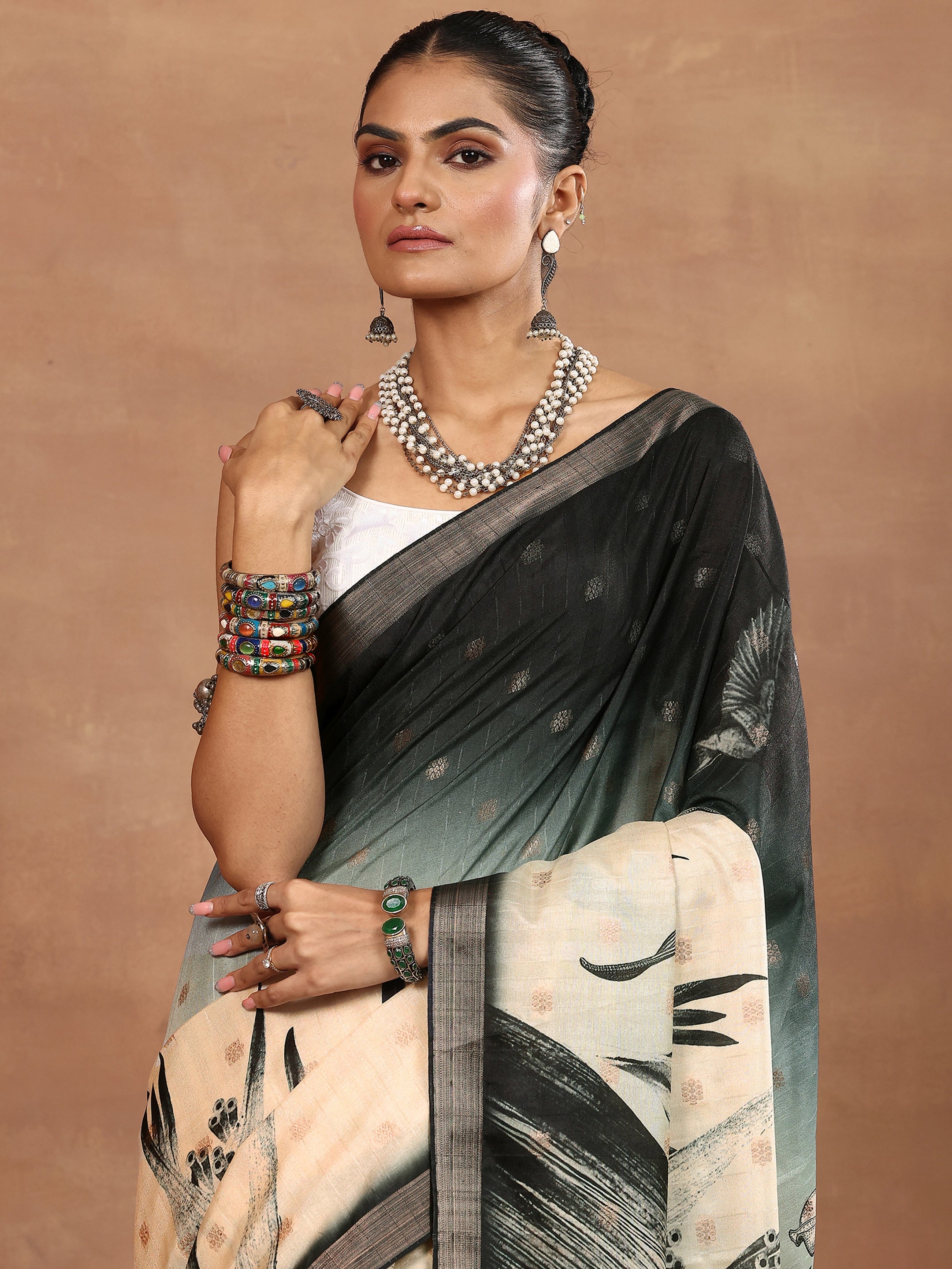 Beige Printed Silk Blend Sarees With Unstitched Blouse Piece