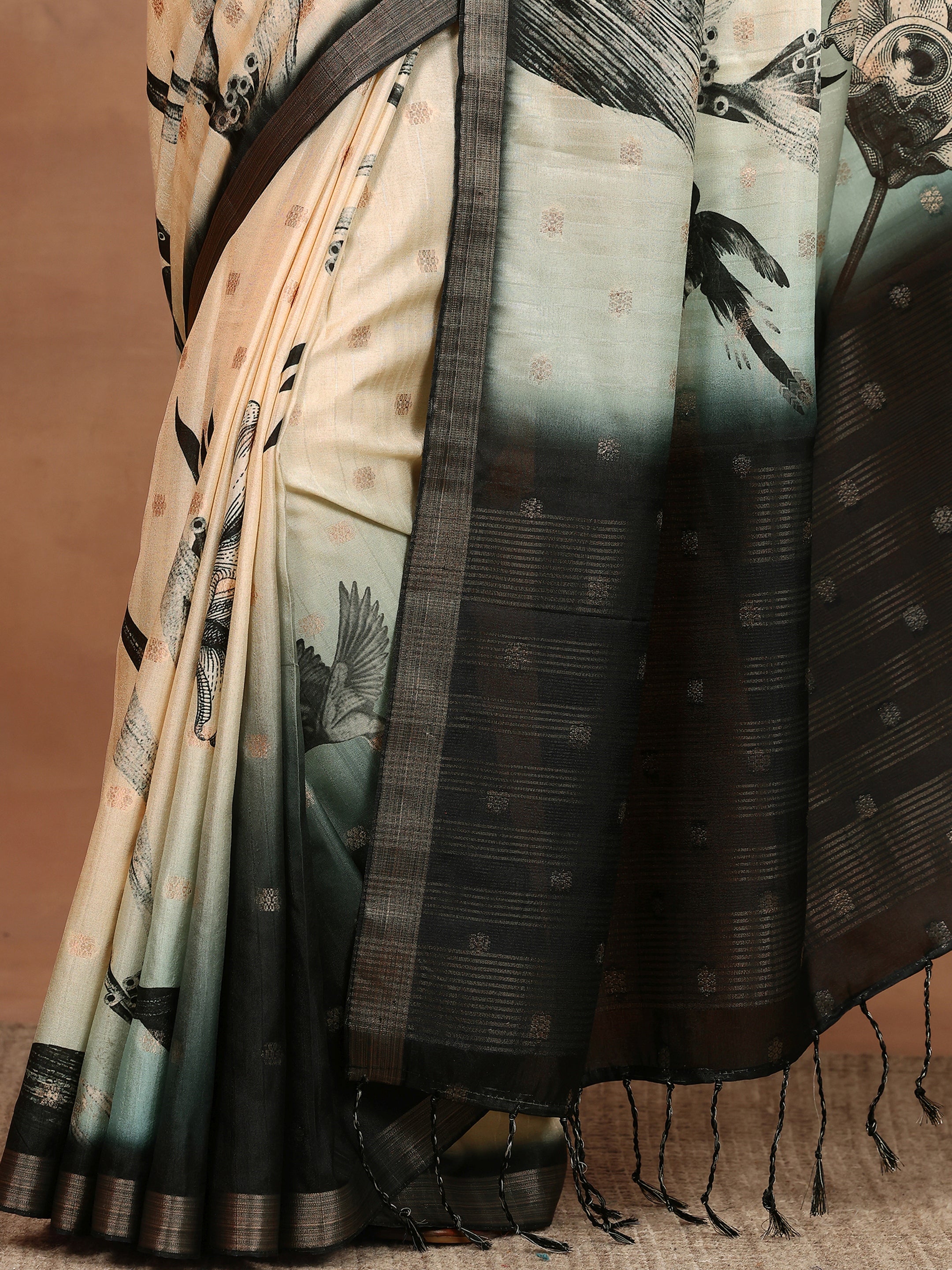 Beige Printed Silk Blend Sarees With Unstitched Blouse Piece