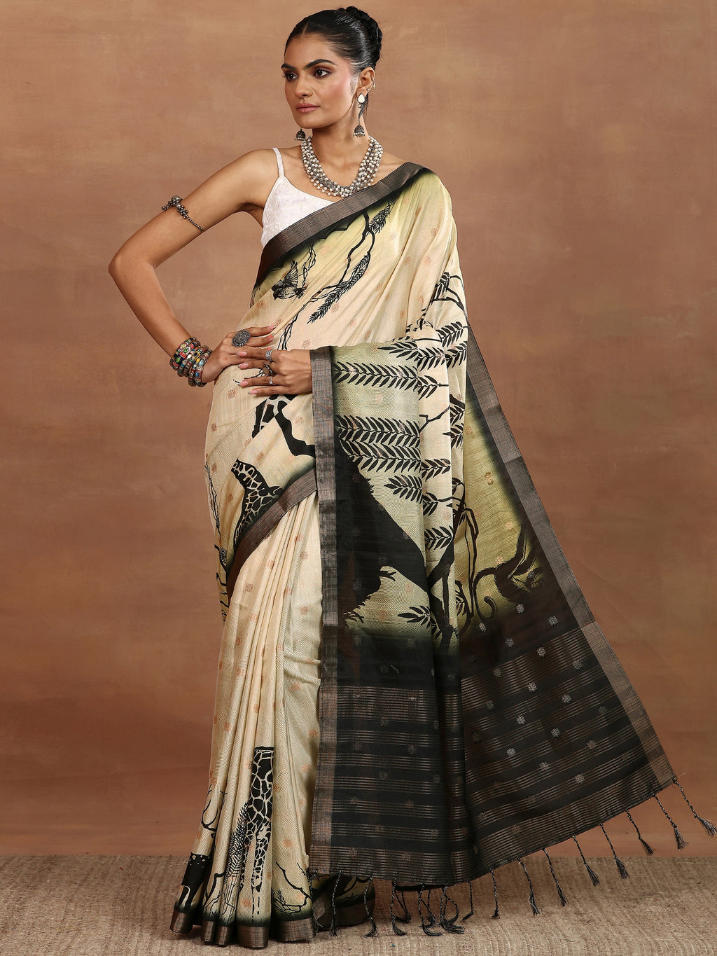 Beige Printed Silk Blend Sarees With Unstitched Blouse Piece