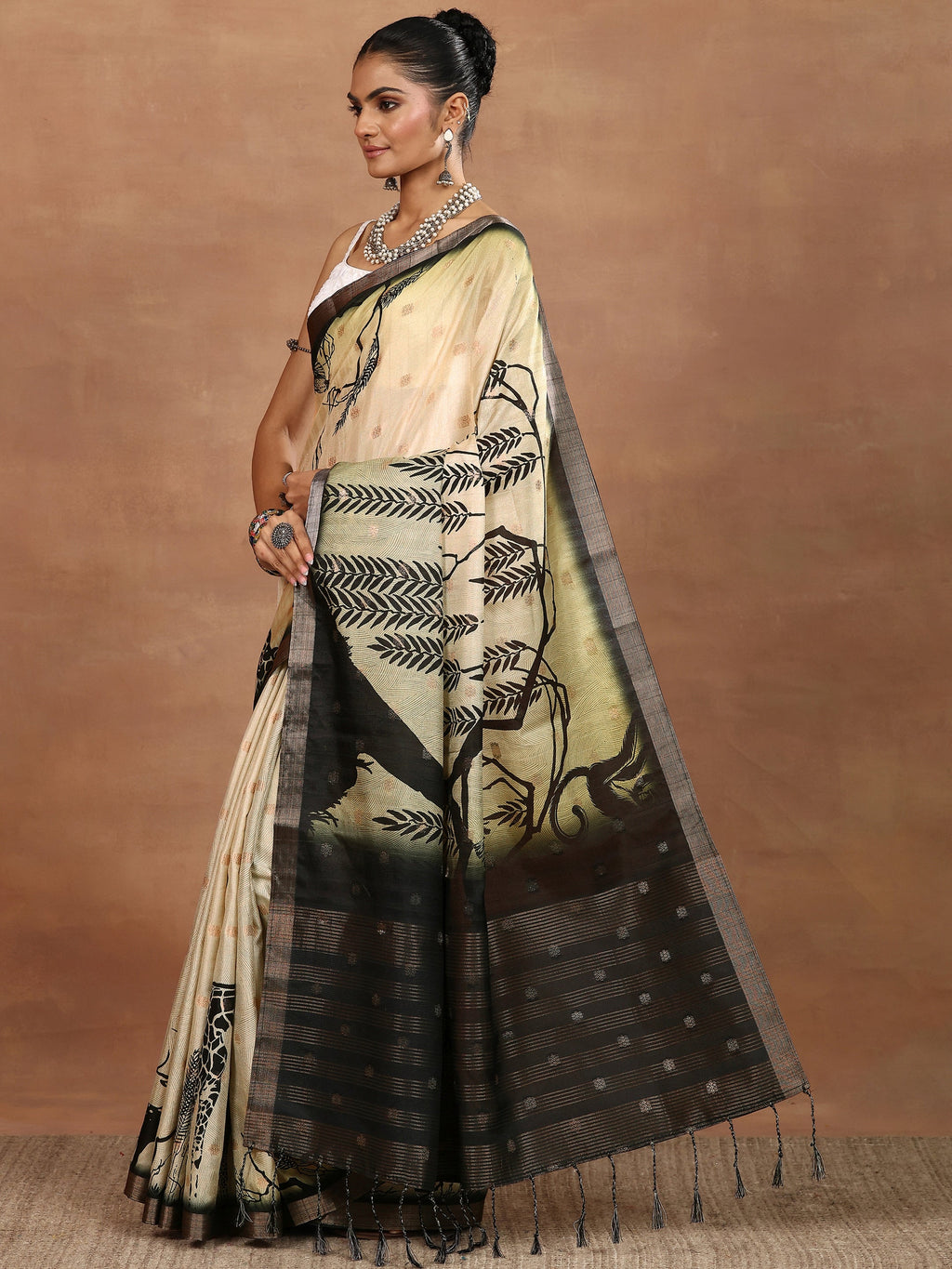 Beige Printed Silk Blend Sarees With Unstitched Blouse Piece