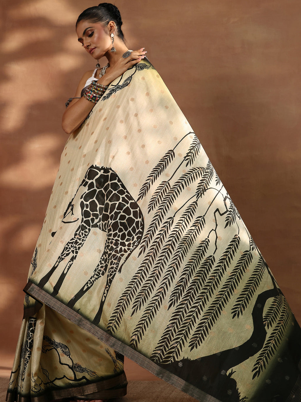 Beige Printed Silk Blend Sarees With Unstitched Blouse Piece