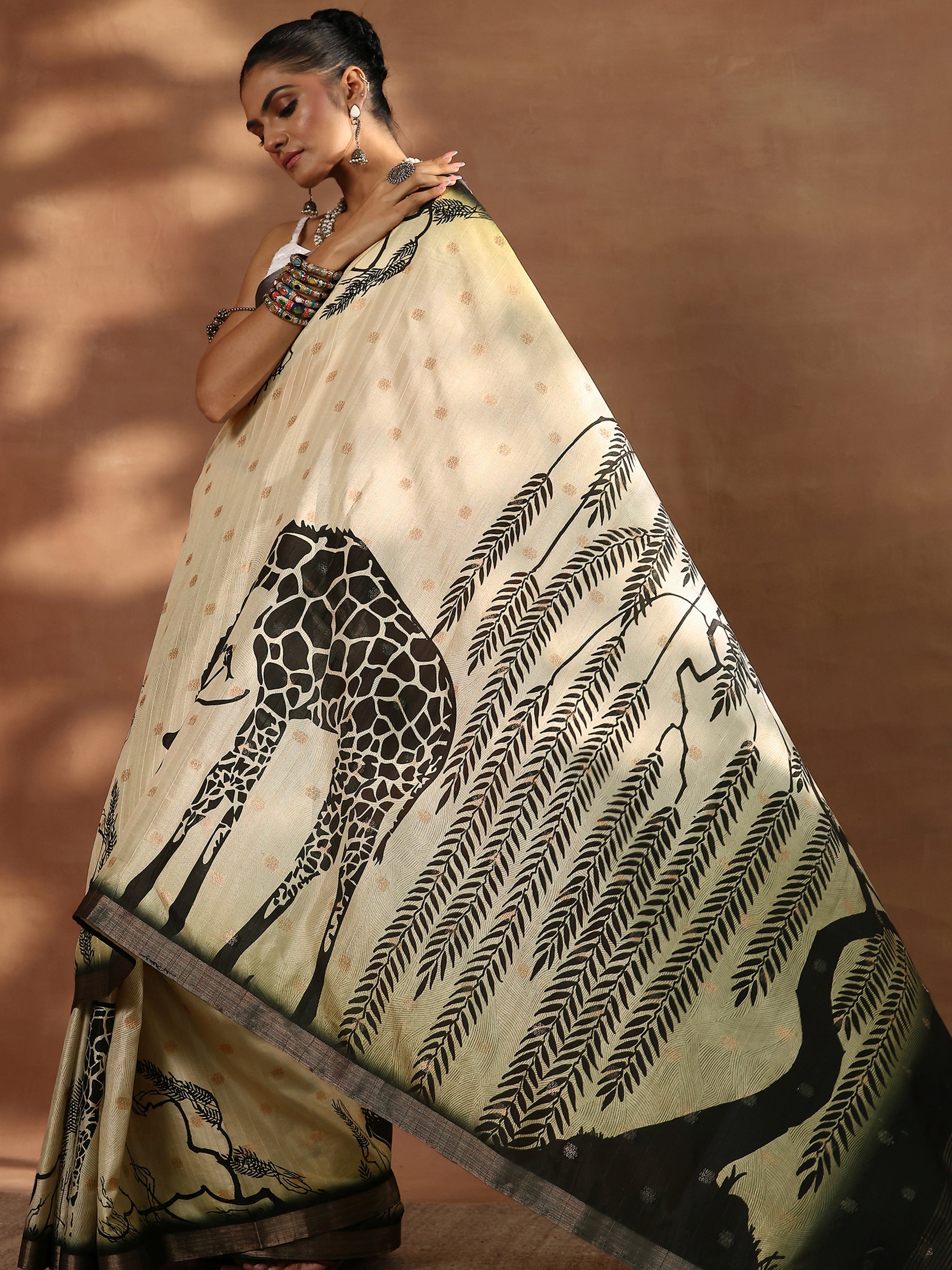 Beige Printed Silk Blend Sarees With Unstitched Blouse Piece