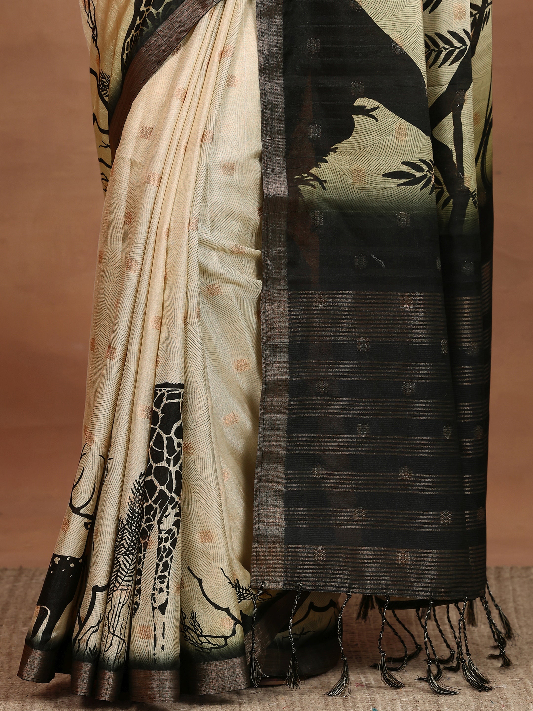 Beige Printed Silk Blend Sarees With Unstitched Blouse Piece