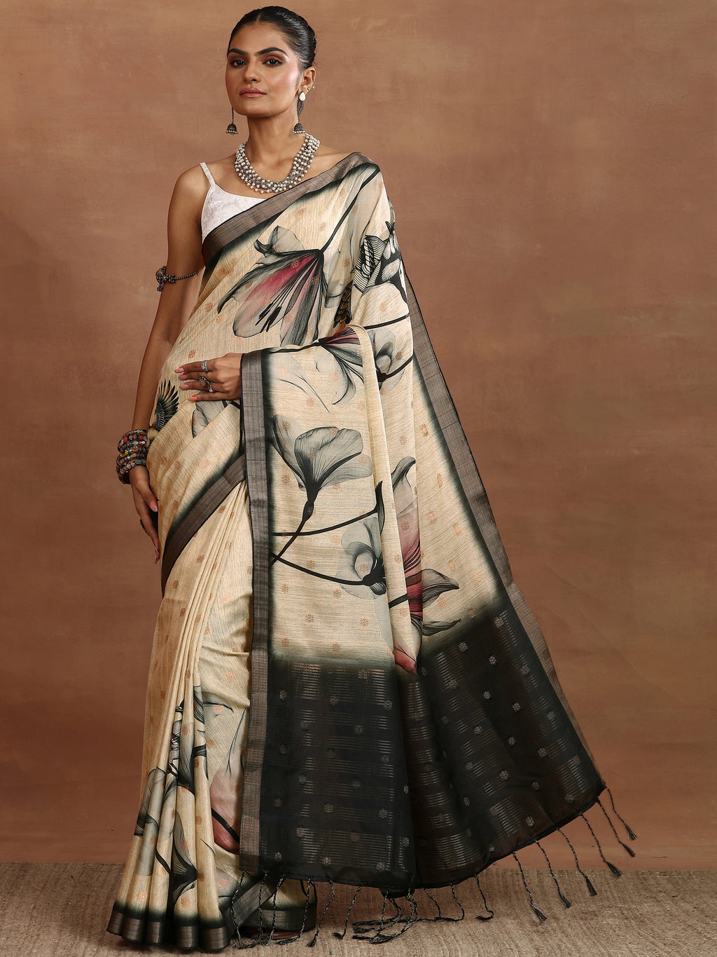 Beige Printed Silk Blend Sarees With Unstitched Blouse Piece