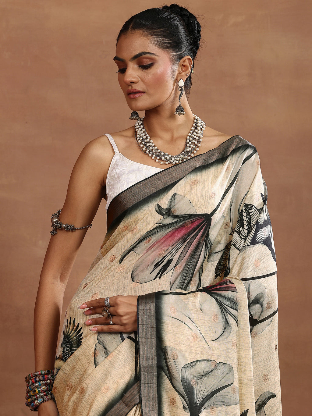 Beige Printed Silk Blend Sarees With Unstitched Blouse Piece