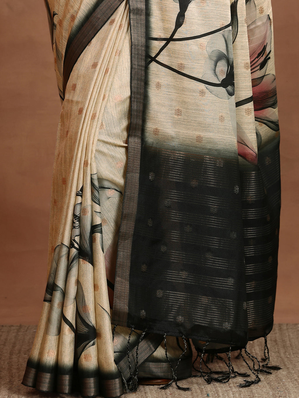Beige Printed Silk Blend Sarees With Unstitched Blouse Piece
