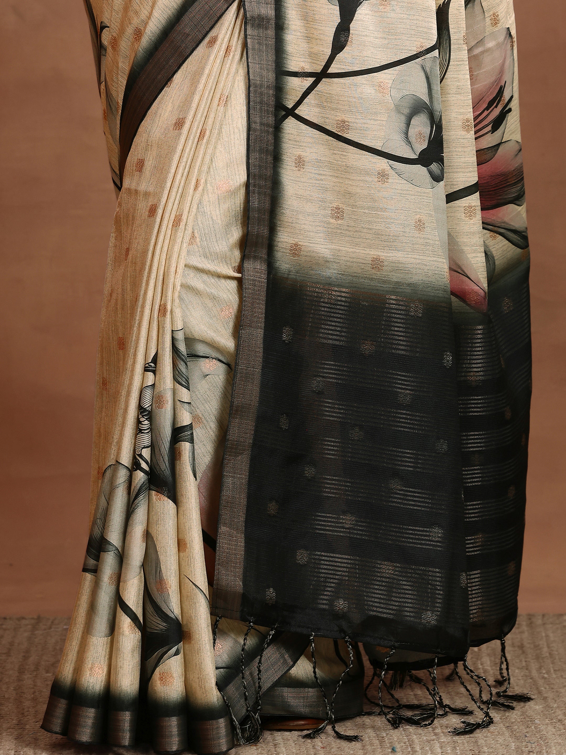 Beige Printed Silk Blend Sarees With Unstitched Blouse Piece