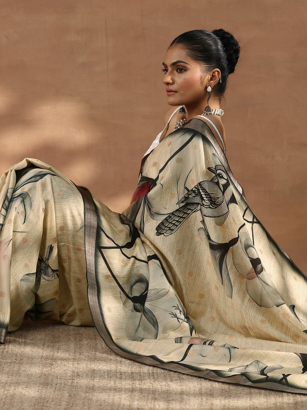 Beige Printed Silk Blend Sarees With Unstitched Blouse Piece