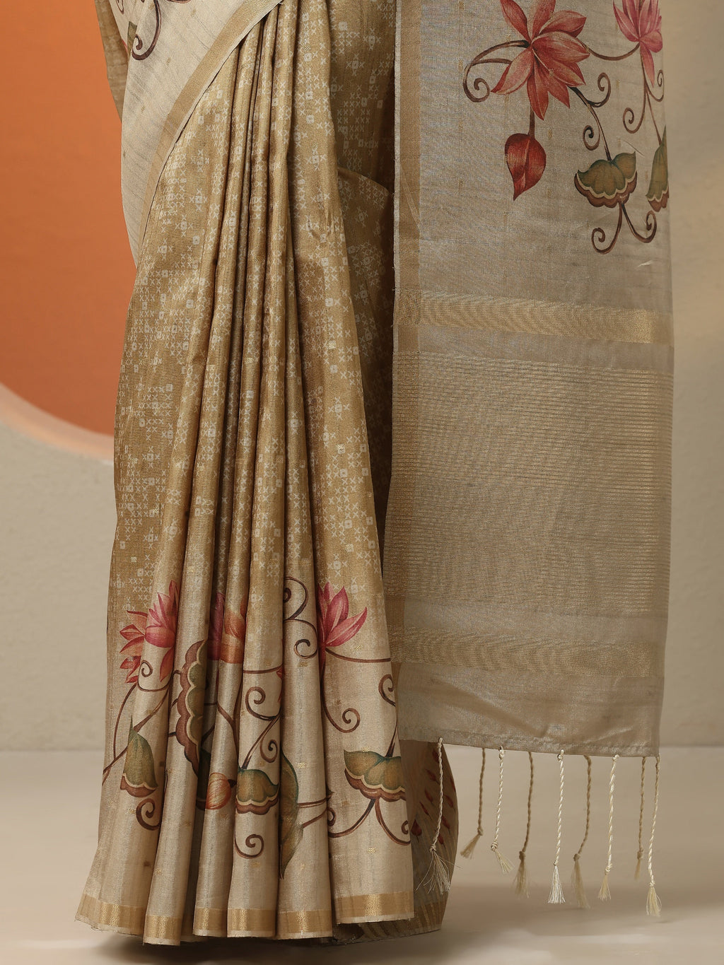 Gold Printed Silk Blend Saree With Unstitched Blouse Piece