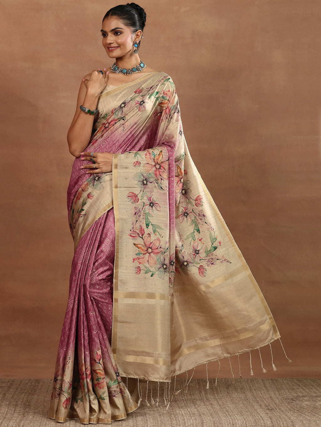Pink Printed Silk Blend Sarees With Unstitched Blouse Piece