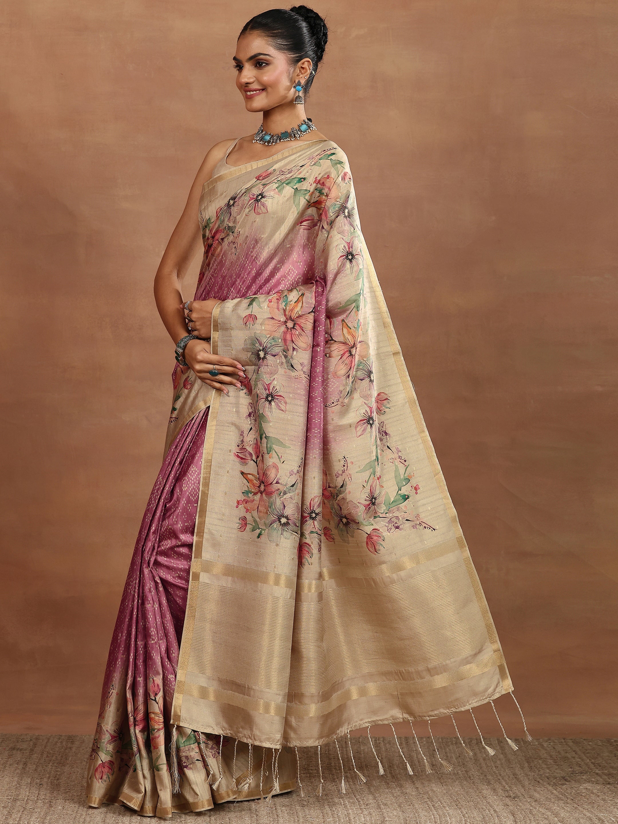 Pink Printed Silk Blend Sarees With Unstitched Blouse Piece