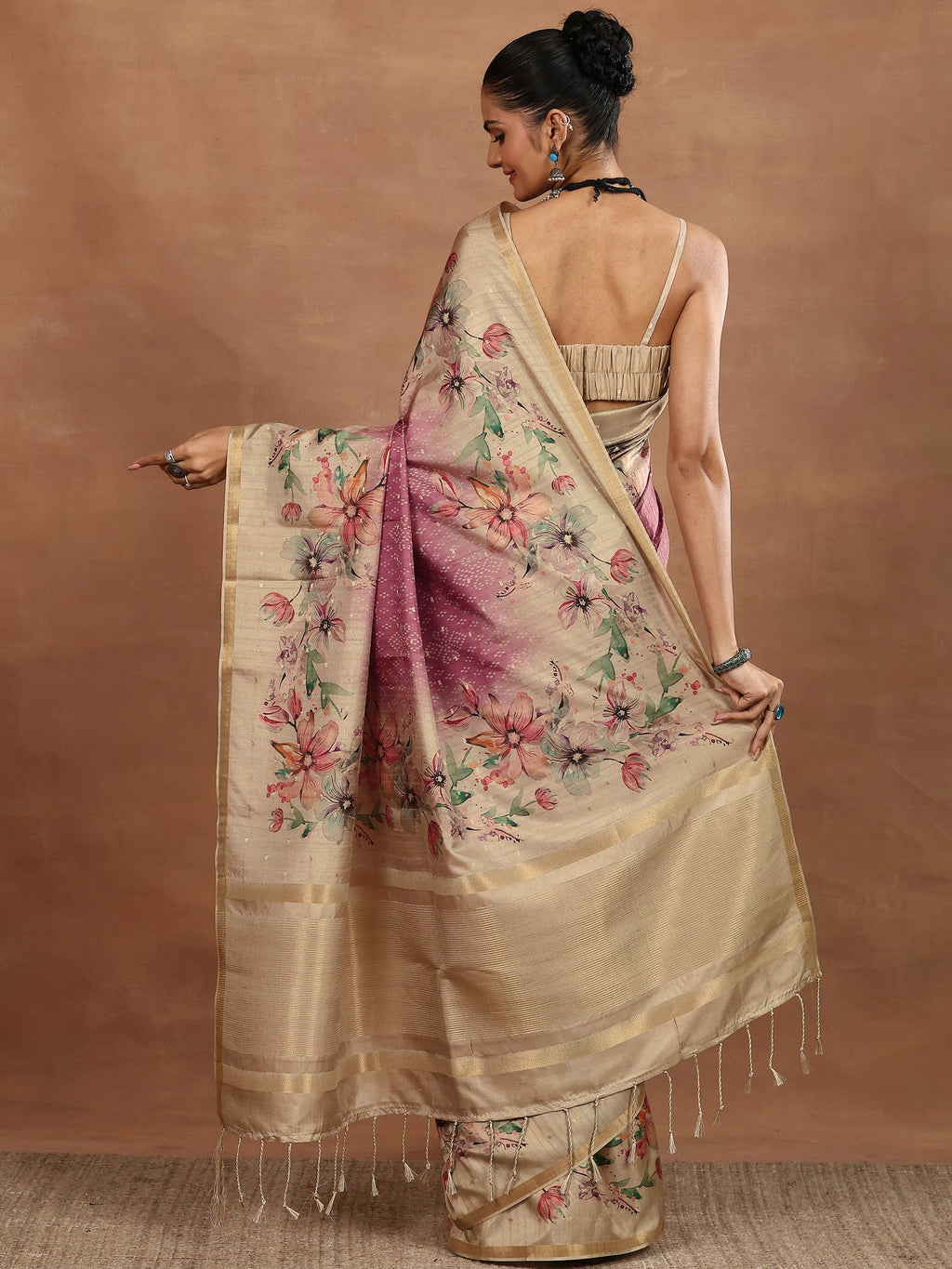 Pink Printed Silk Blend Sarees With Unstitched Blouse Piece