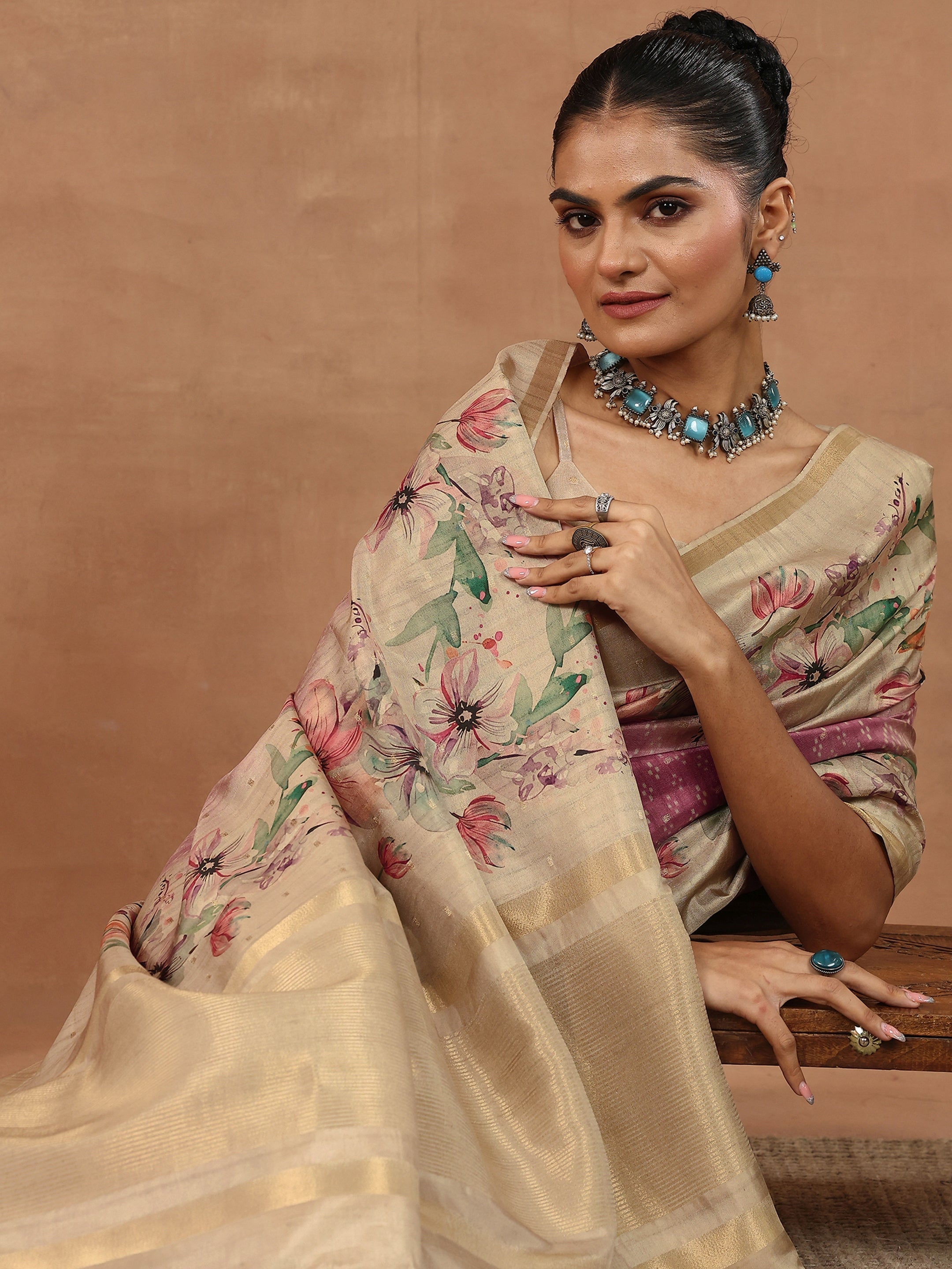 Pink Printed Silk Blend Sarees With Unstitched Blouse Piece