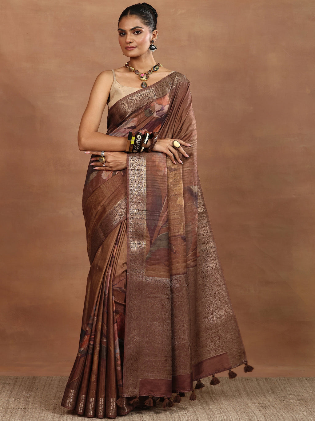 Brown Printed Silk Blend Sarees With Unstitched Blouse Piece