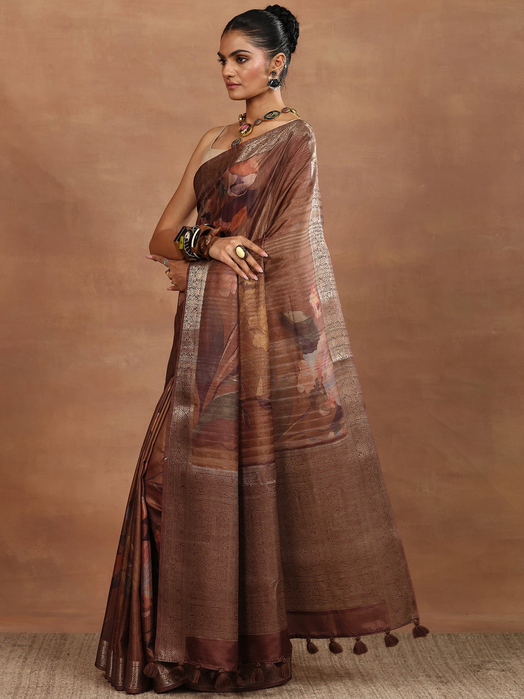 Brown Printed Silk Blend Sarees With Unstitched Blouse Piece