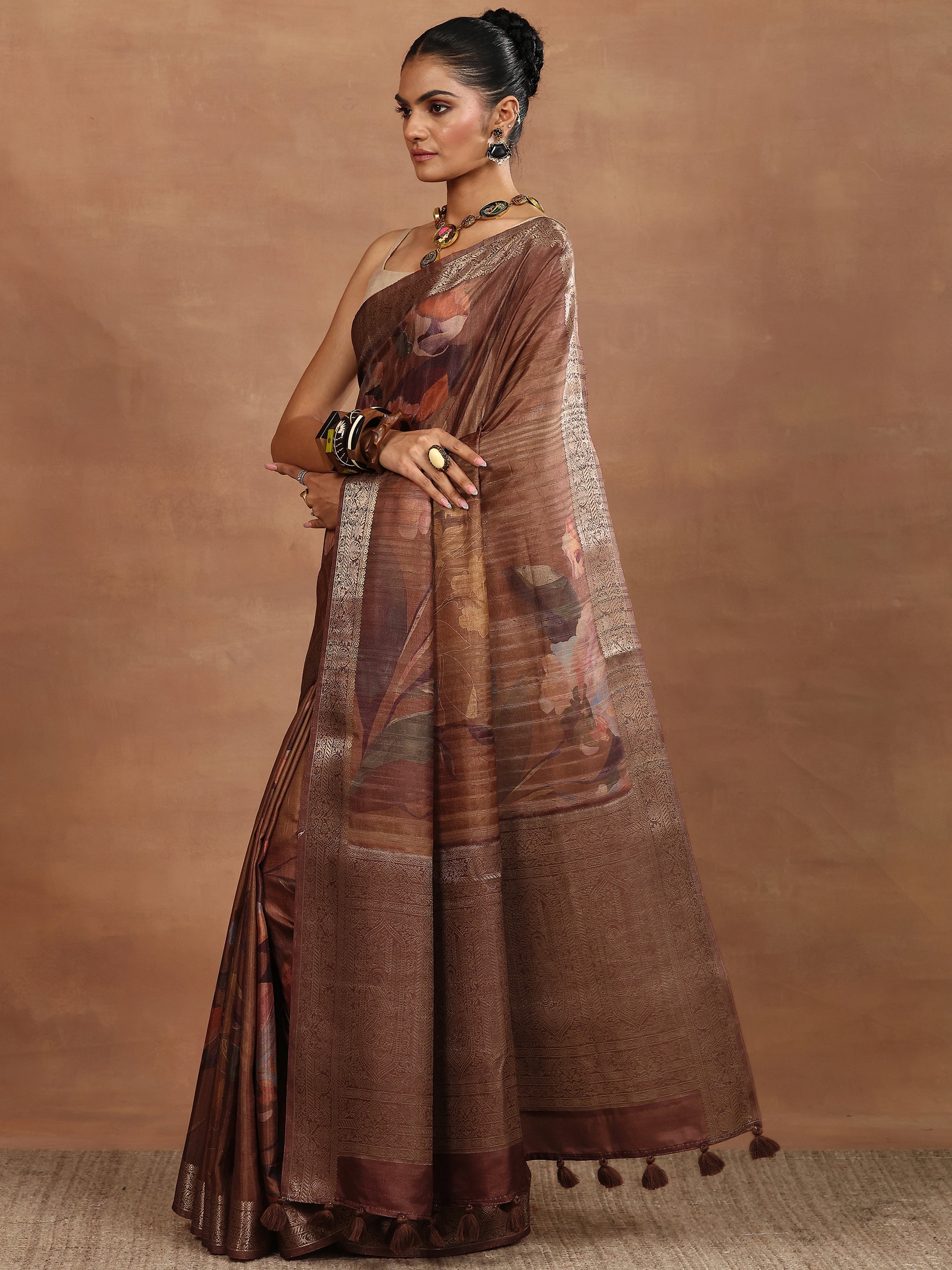 Brown Printed Silk Blend Sarees With Unstitched Blouse Piece
