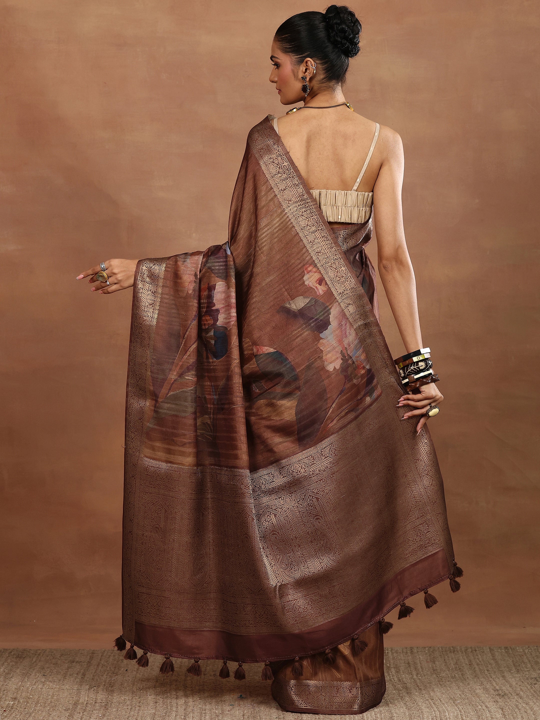 Brown Printed Silk Blend Sarees With Unstitched Blouse Piece