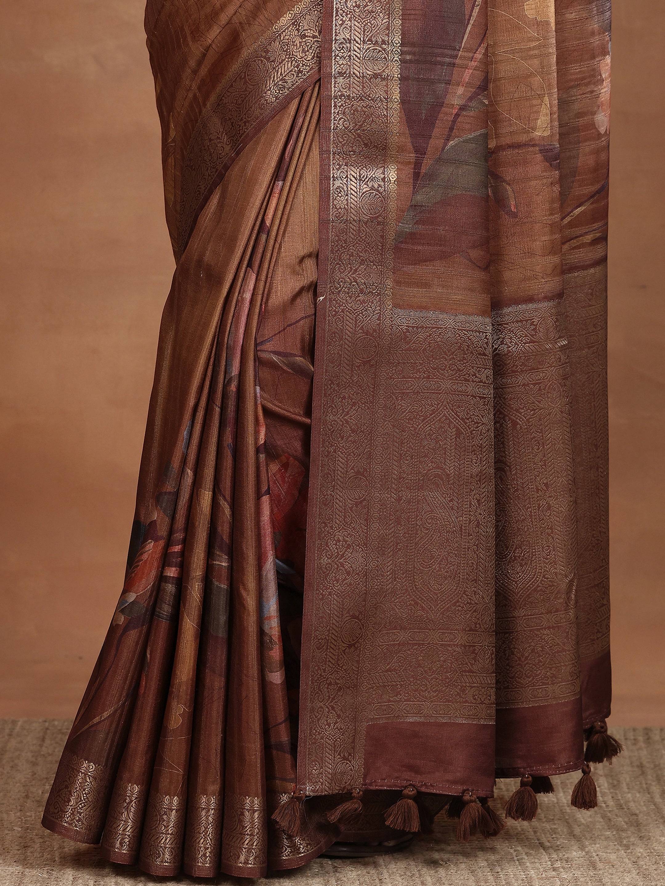 Brown Printed Silk Blend Sarees With Unstitched Blouse Piece