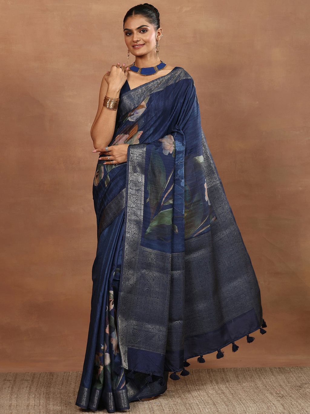 Blue Printed Silk Blend Sarees With Unstitched Blouse Piece