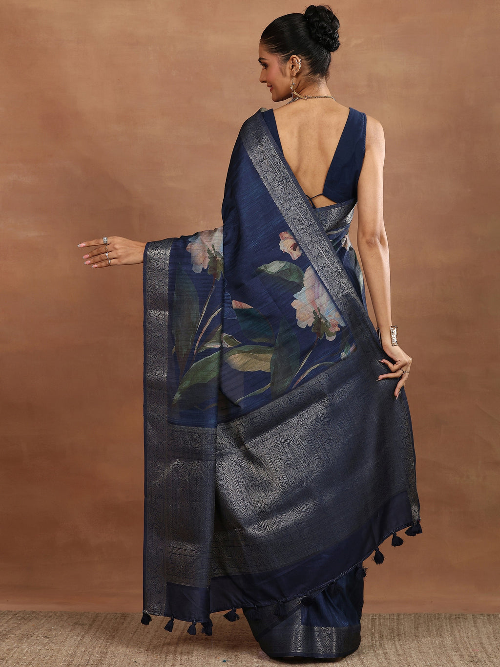 Blue Printed Silk Blend Sarees With Unstitched Blouse Piece